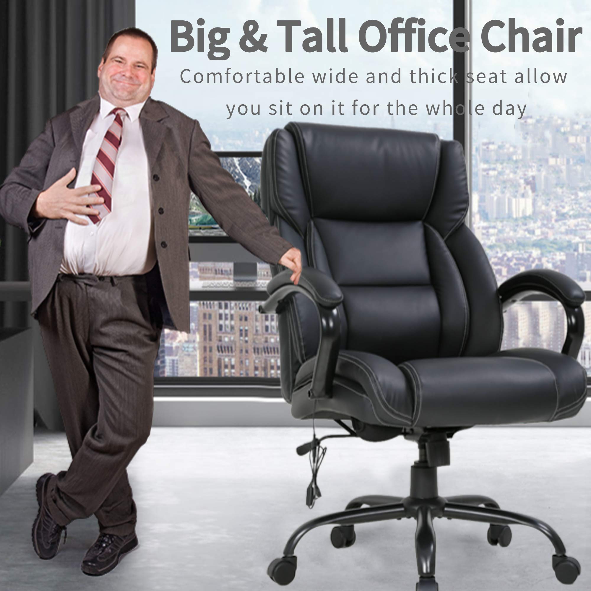 Big and Tall Office Chair 500lbs - Ergonomic PU Leather Executive Chair with Massage Lumbar Support, Thick Padding & Adjustable Headrest - High Back Computer Desk Chair for Home Office - Perfect for Long Work Hours and Heavy Users