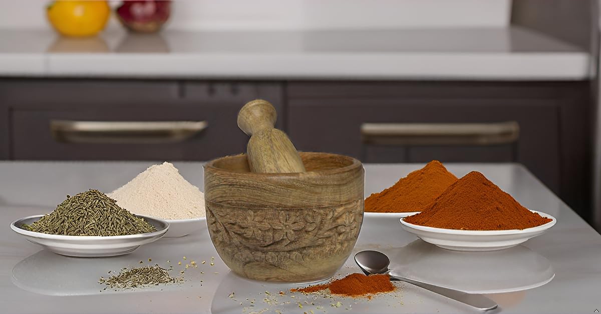 Handmade Wooden Mortar and Pestle Set - Natural Rustic Herb Grinder, Spice Mixer, Masala Crusher for Kitchen - Perfect for Grinding Herbs, Spices, Pills & Seasonings - Ideal Housewarming Gift & Kitchen Utensil for Cooking Enthusiasts