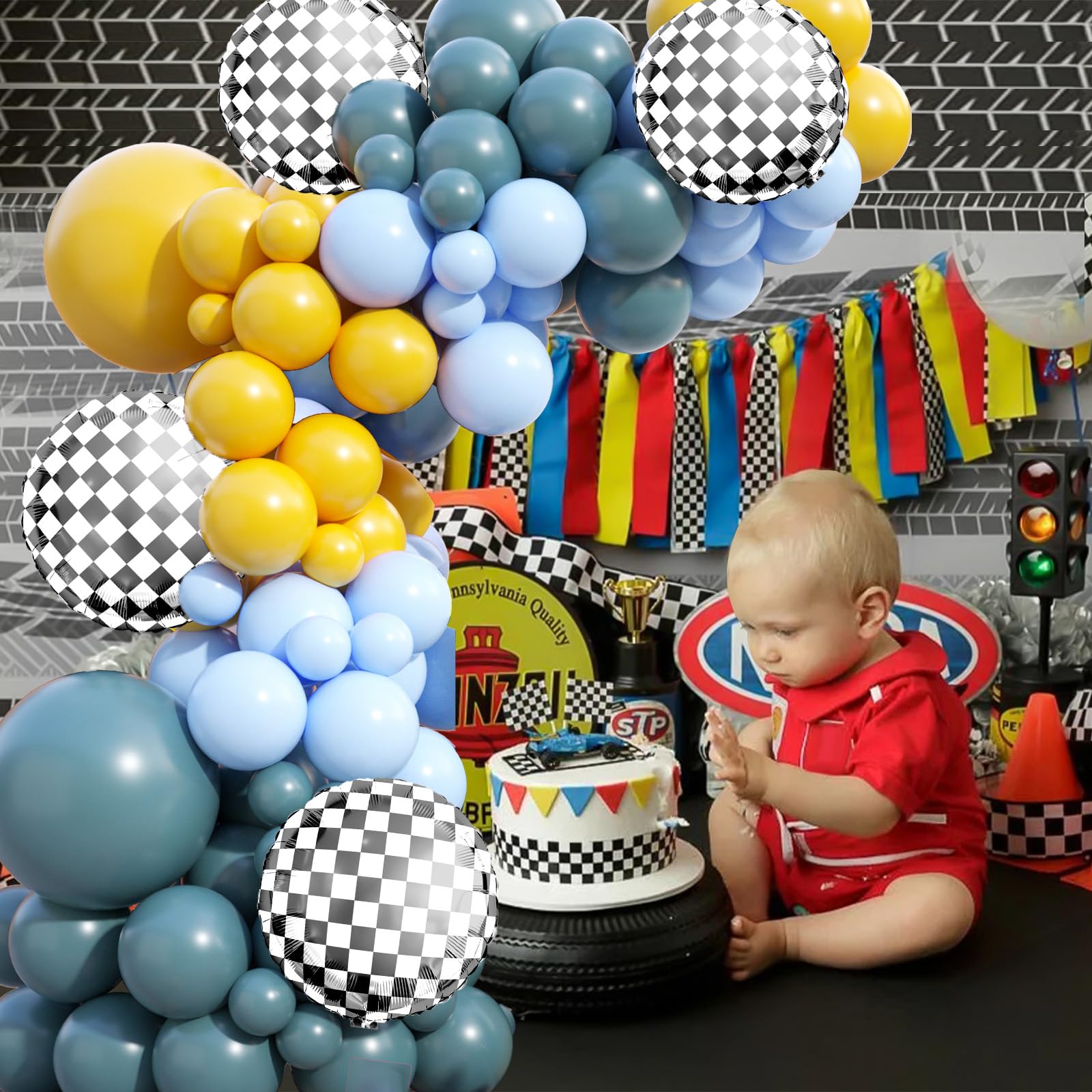 Race Car Balloons Garland Arch Kit - Retro Yellow & Blue Checkered Balloons for Kids Racing Theme Party, Baby Shower, Birthday Decorations | Perfect for Boys' Race Car Birthday Parties, Baby Showers & Themed Events