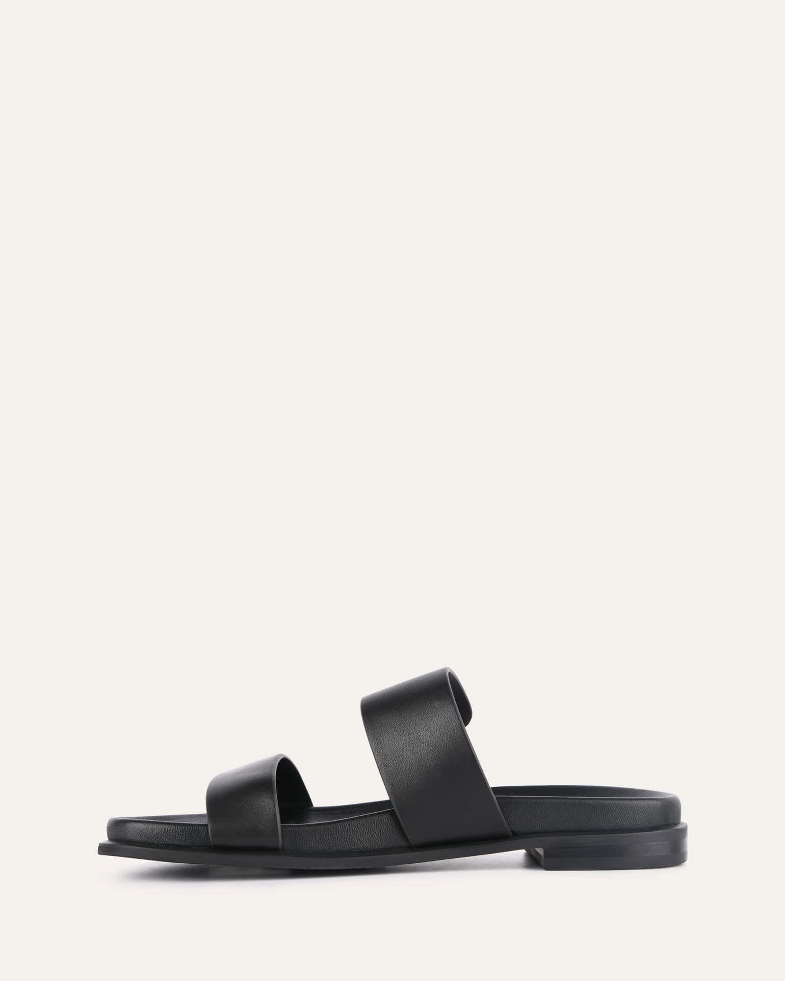 HAYES Women's Flat Sandals - Black Leather Comfortable Slip-On Casual Shoes for Summer, Beach, and Walking