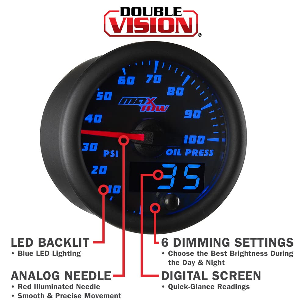 MaxTow Double Vision 100 PSI Oil Pressure Gauge Kit with Electronic Sensor - Black Face & Blue LED Dial - Analog & Digital Readout - 2-1/16