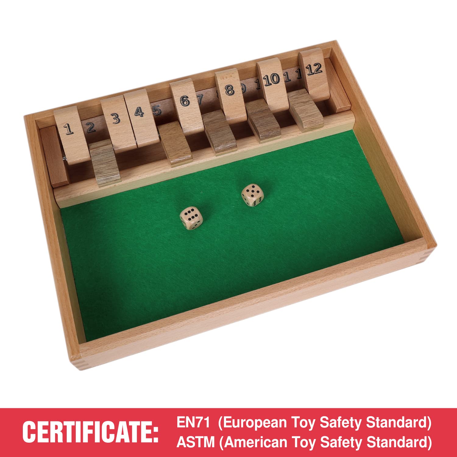GOTHINK Shut The Box Wooden Board Dice Game - 12 Number Classic Math Tabletop Game with 2 Dice for Kids & Adults | Fun Family Game Night, Classroom Learning, Pub Entertainment & Home Party Activity