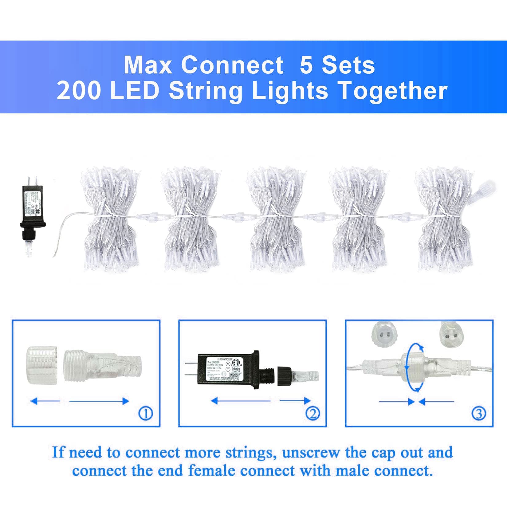 JMEXSUSS 66ft 200 LED White Christmas Lights - Indoor/Outdoor Waterproof Connectable String Lights with 8 Lighting Modes - Perfect for Christmas Tree, Party, Wedding, Garden, and Home Decor (No Remote)