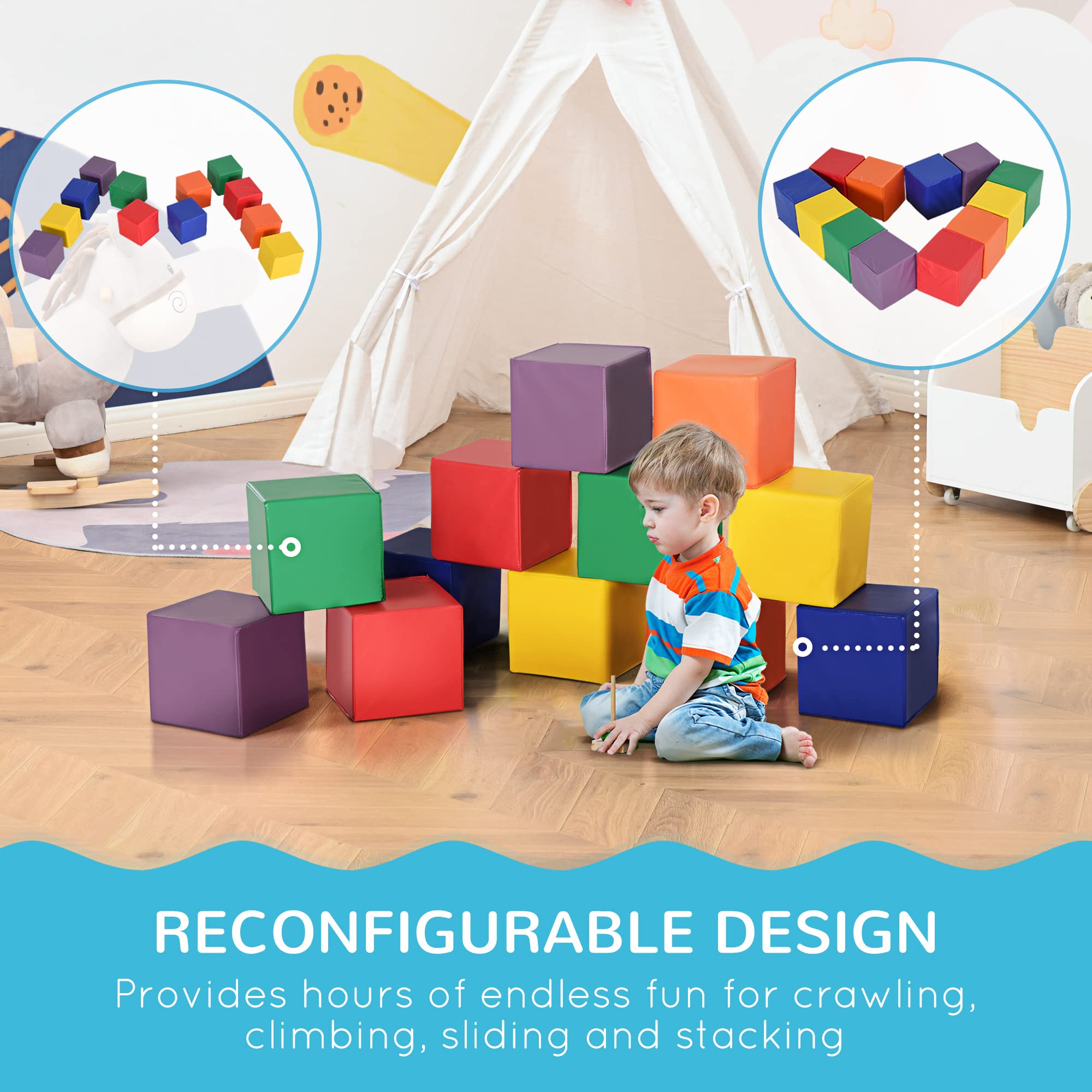 Soozier 12-Piece Soft Foam Building Blocks for Toddlers - Safe Stacking & Learning Toys for Babies & Preschool Kids - Perfect for Playtime, Early Education & Nursery Room Decor