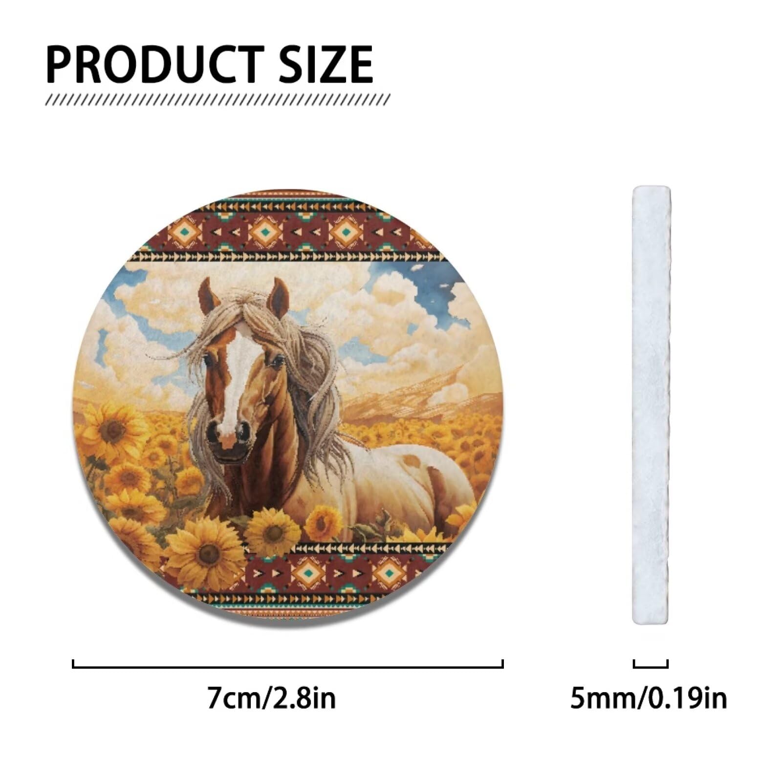 INSTANTARTS Aztec Horse Sunflower 2-Piece Non-Slip Car Cup Coasters - Absorbent Drink Coaster Mats for Hot & Cold Beverages - Perfect for Car, Office, Kitchen, and Living Room Use