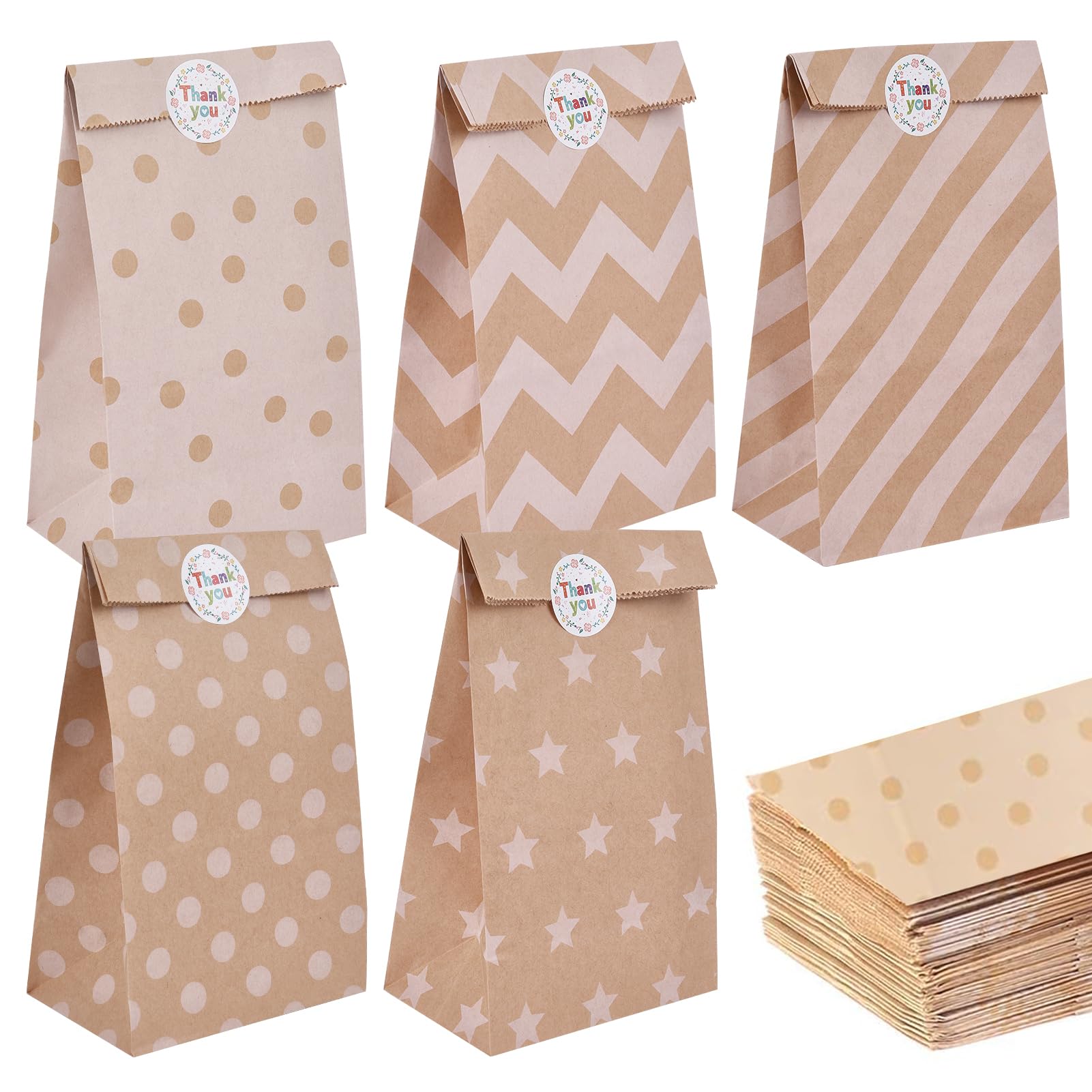 Elvielsl 40 Pack Kraft Paper Party Favor Bags with 48 Stickers - 13x8x24cm Small Gift Bags for Birthday, Wedding, Baby Shower & Christmas | Eco-Friendly Goodie Bags for Party Favors, Candy, Treats & Gifts