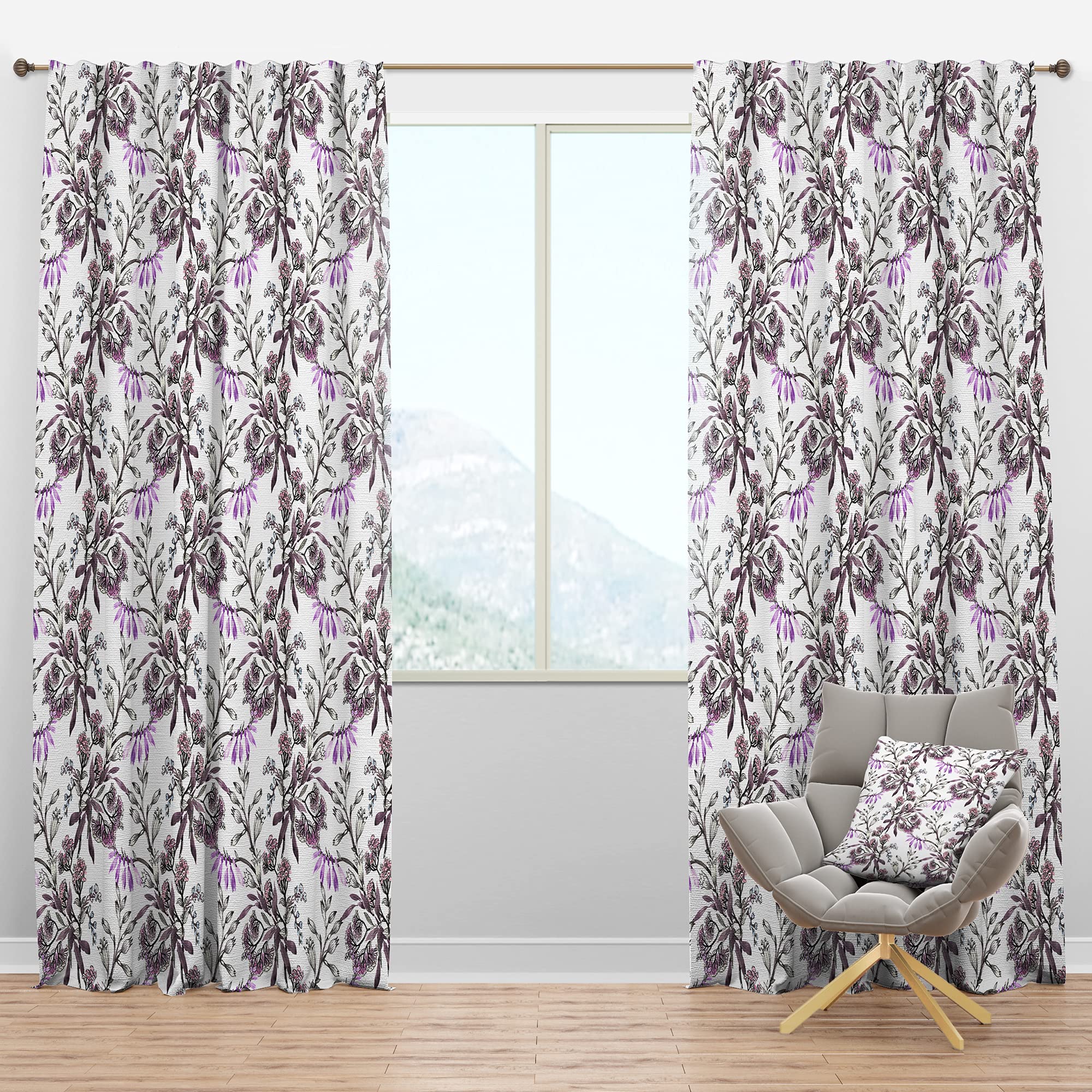 DesignQ Blackout Curtains - Hand Drawn Purple Floral Pattern - Thermal Insulated Room Darkening Drapes for Bedroom & Living Room - Single Panel 52x120 Inches - Perfect for Light Sleepers & Home Theater Setup