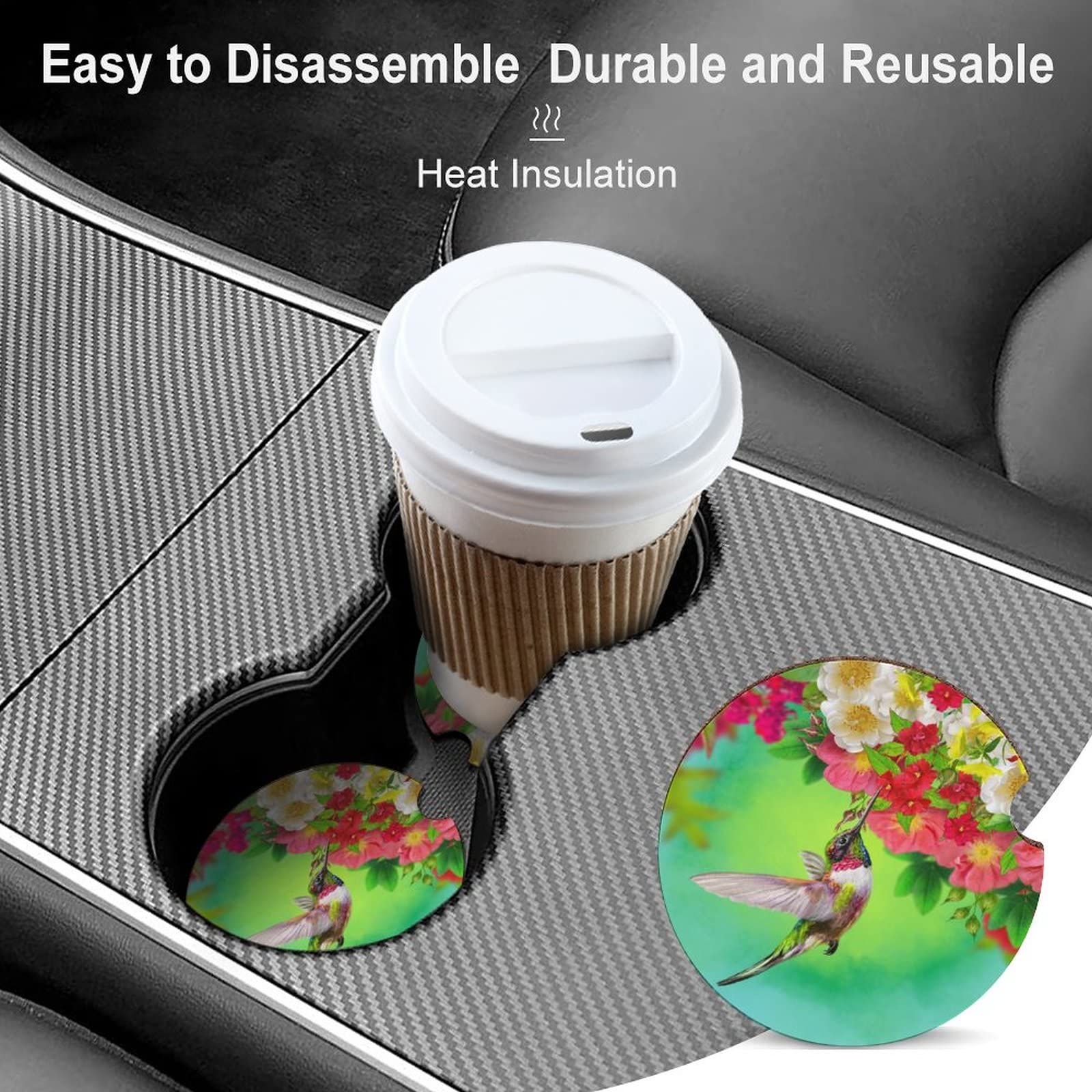 1PC Car Coaster Insert - Hummingbird Red Flower Design Cup Holder Mat for Car Accessories & Interior Decor - Perfect for Women, Men, and Teens - Ideal for Road Trips, Commuting, and Daily Driving
