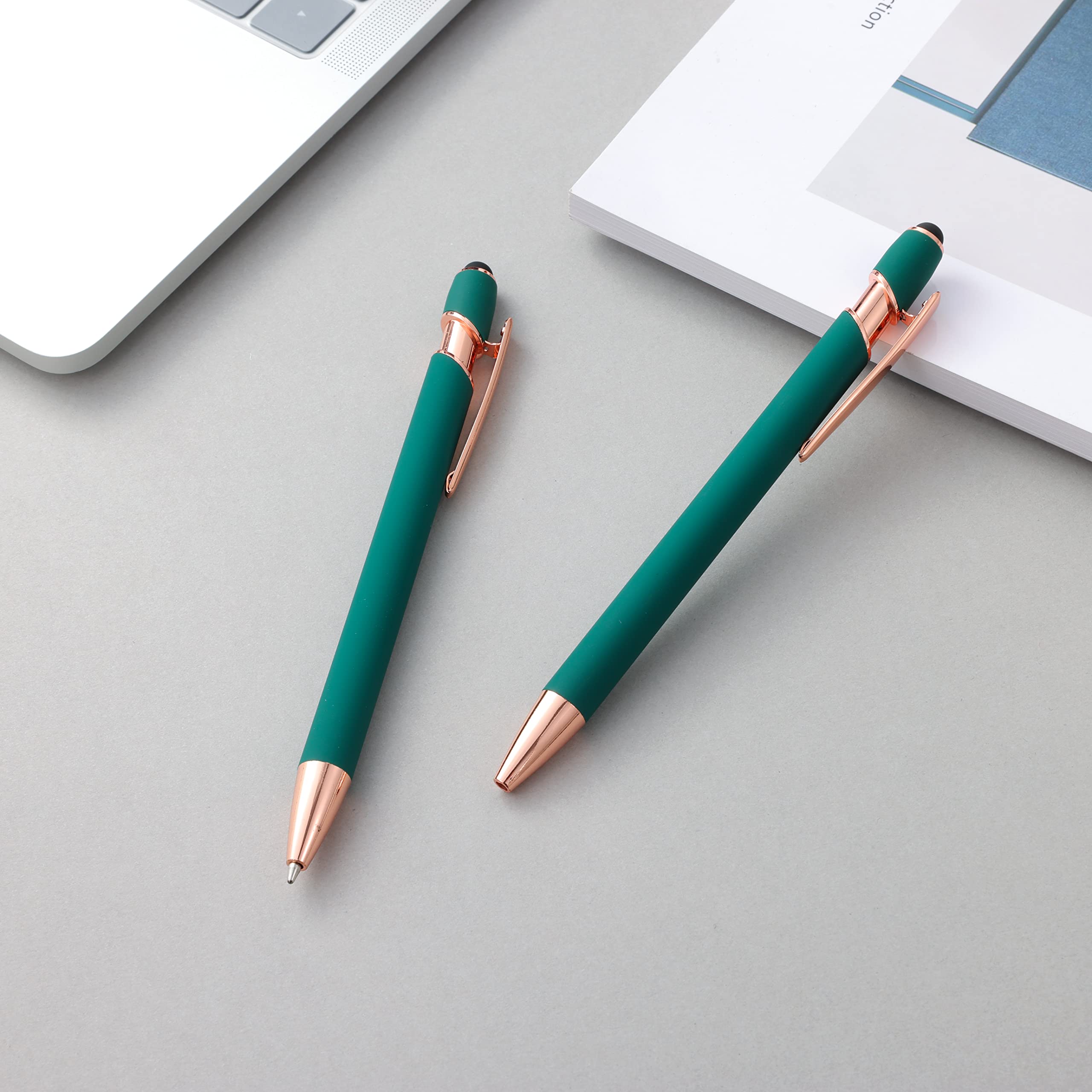 12-Pack 2-in-1 Stylus Ballpoint Pens with 1.0mm Black Ink - Rose Gold & Green Metal Touch Screen Pens with 12 Refills - Perfect for iPad, Tablet, Smartphone Note-Taking & Digital Art