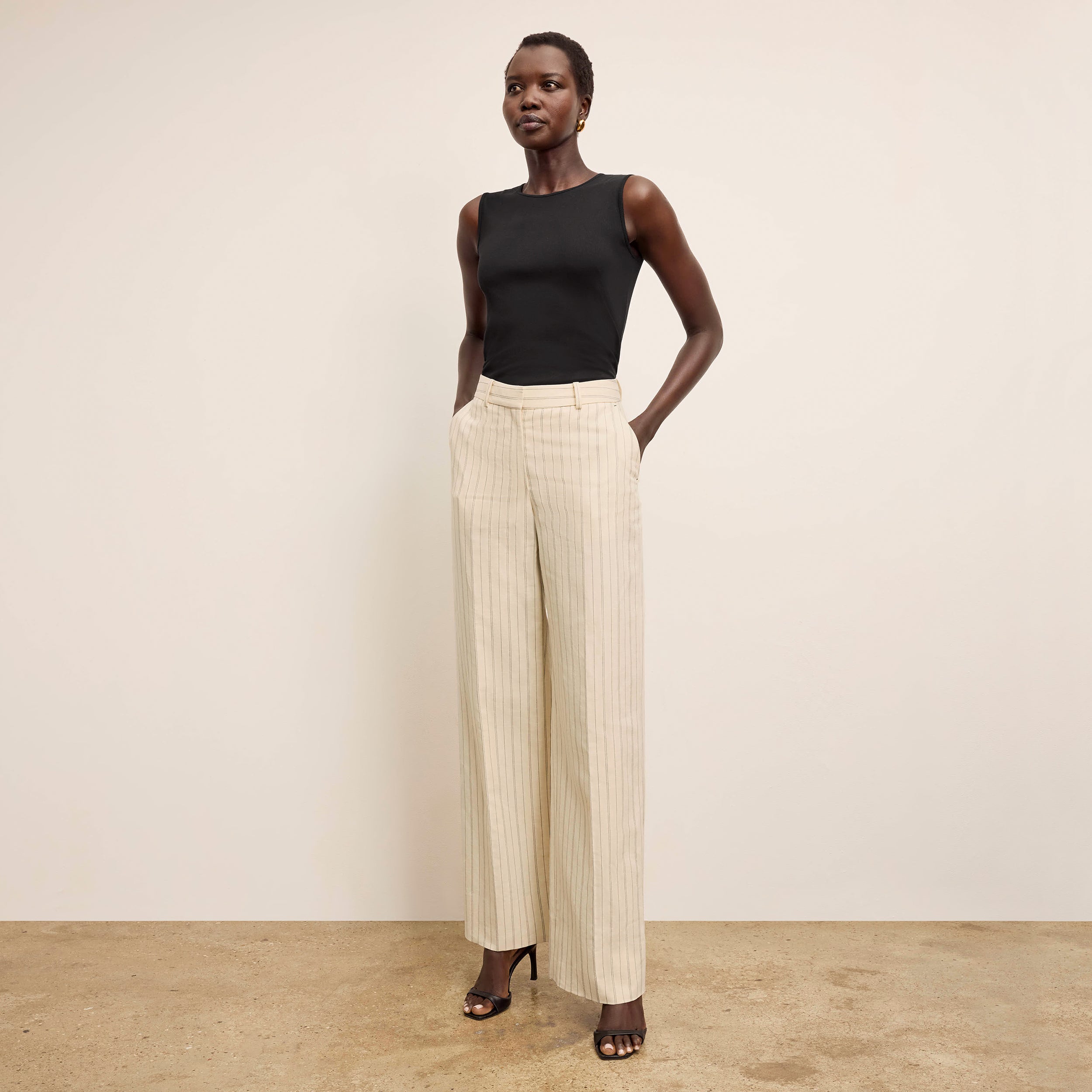 Tinsley Wide Leg Pants for Women - Breeze Stripe Pattern in Ecru & Navy - Comfortable High Waist Trousers for Office, Travel & Casual Wear