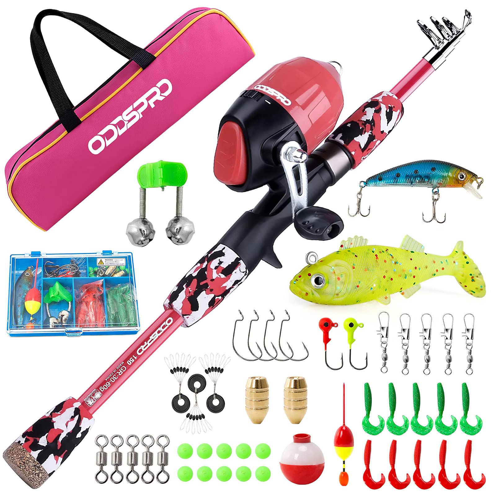 ODDSPRO Kids Fishing Pole Pink - Telescopic Fishing Rod and Reel Combo Kit with Tackle Box | Portable Fishing Gear for Girls & Youth | Perfect for Outdoor, Beach, Lake & Camping Adventures