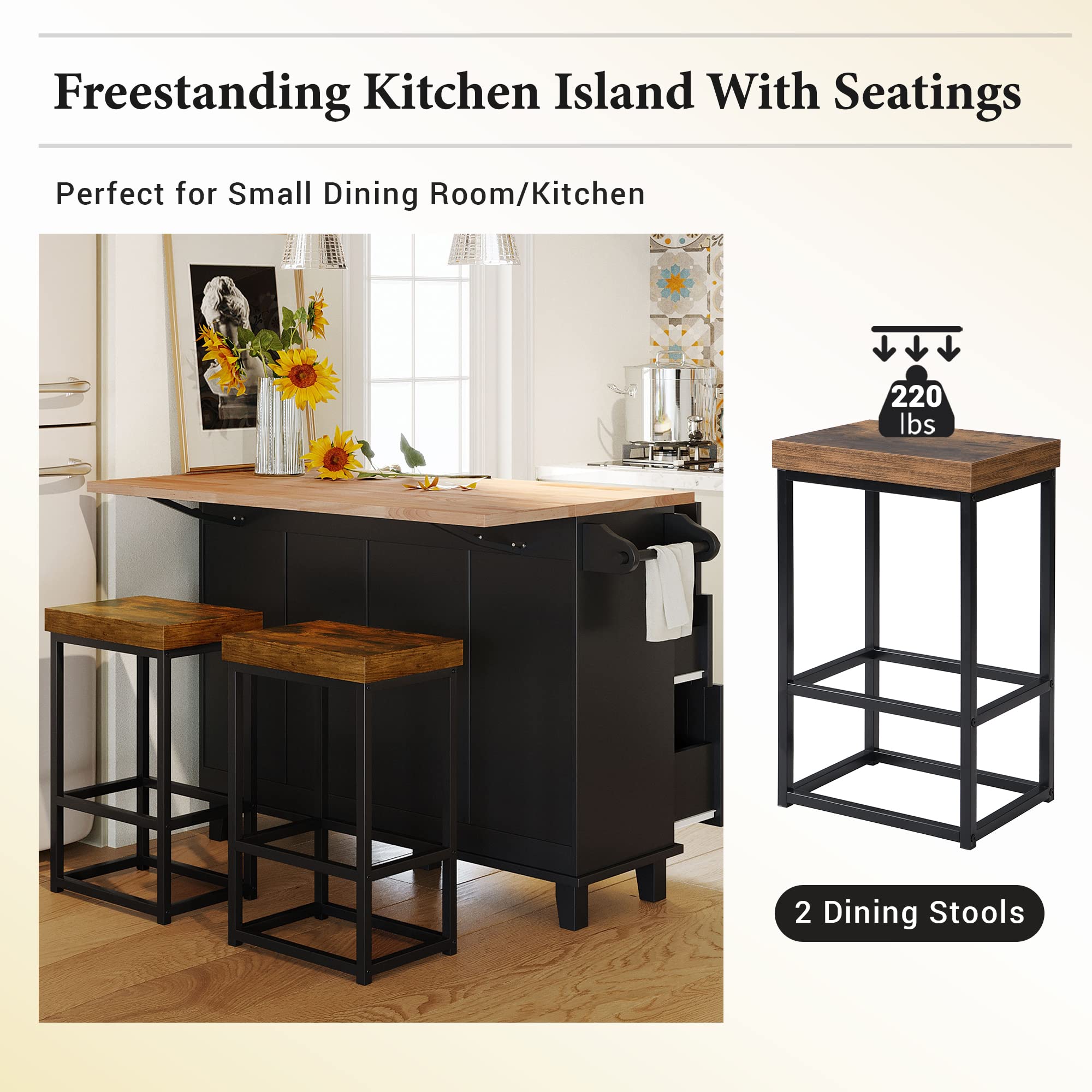 Farmhouse Kitchen Island Set with Drop Leaf & 2 Seats - Dining Table with Storage Cabinet, Drawers & Towel Rack - Rustic Kitchen & Dining Room Furniture (Black) - Perfect for Small Space Cooking, Entertaining & Extra Storage