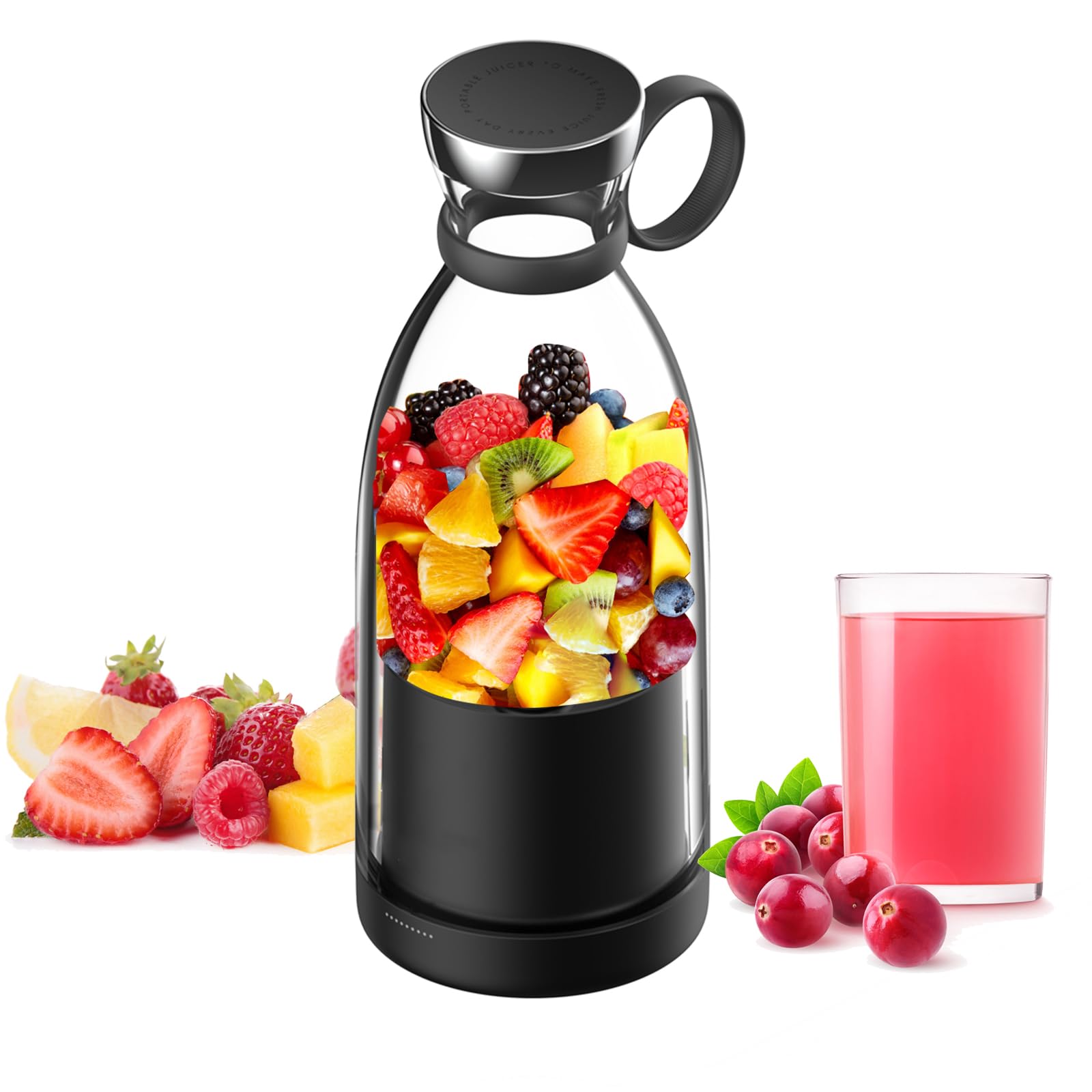 Portable Mini Blender for Smoothies, Milkshakes & Protein Shakes - 11oz Rechargeable Personal Blender with 4 Stainless Steel Blades & Leak-Proof Travel Lid - Perfect for Camping, Travel, Gym & Outdoor Adventures (Black)