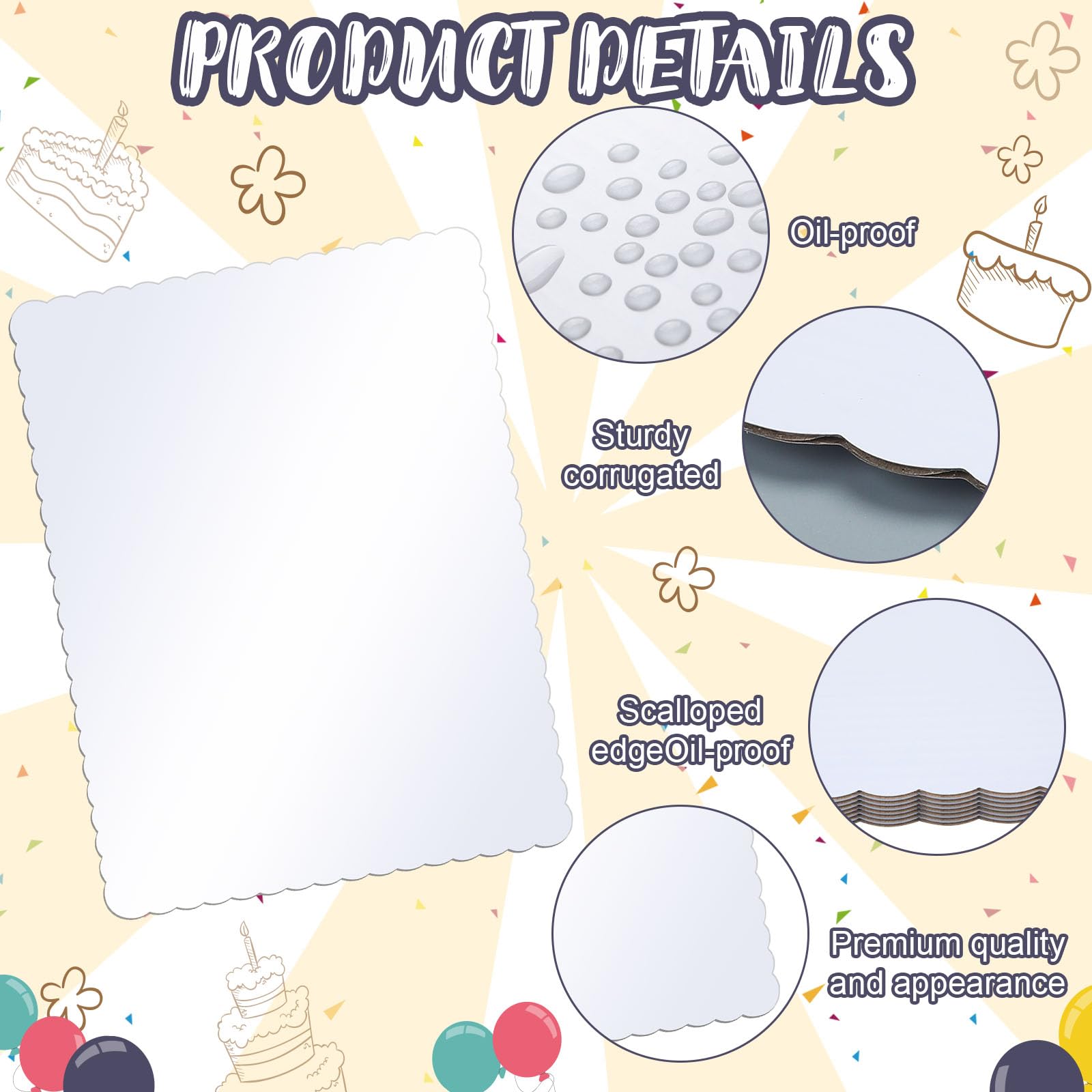 12-Pack 17x25 Inch White Corrugated Cake Boards - Greaseproof Single Wall Rectangular Cake Pads for Half Sheet Cakes, Desserts & Pizzas - Durable Scalloped Edges for Professional Baking & Party Serving