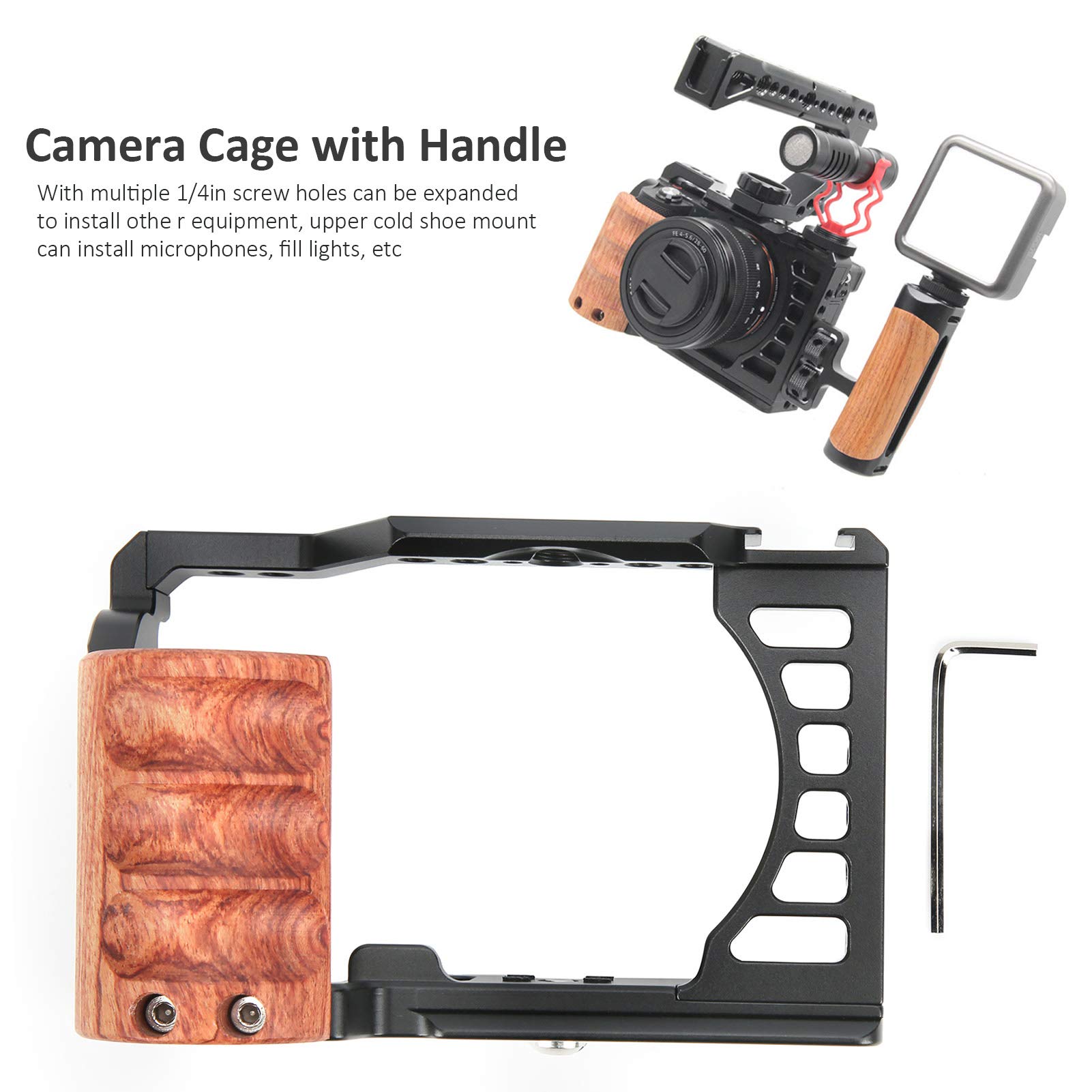 Professional Vlog Camera Cage for Sony A7C - Video Stabilizer Shooting Cage Kit with Ergonomic Wooden Handle Grip, 1/4in & 3/8in Screw Holes, Cold Shoe Mount - Perfect for YouTube Vlogging, Travel Filming & Content Creation