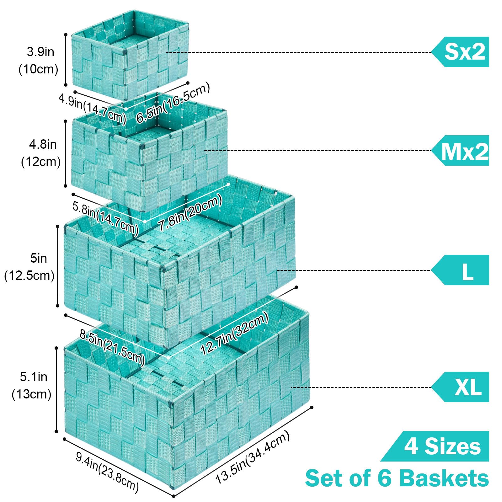 Woven Storage Baskets Set of 6 - Foldable Cube Bins for Closet, Shelves & Home Organization - Aqua Storage Containers | Perfect for Bedroom, Nursery & Laundry Room Organization