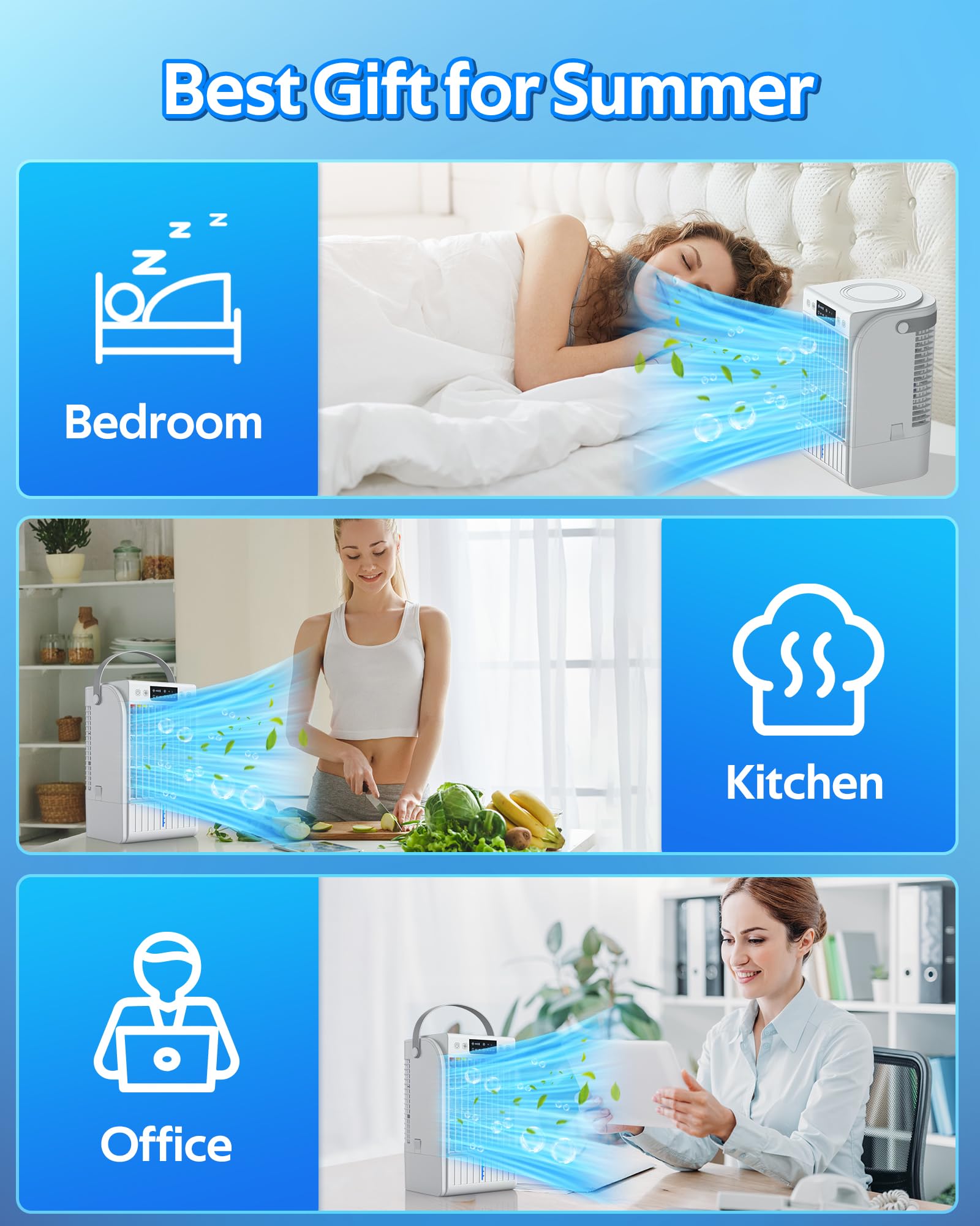4-in-1 Portable Air Conditioner Fan with Humidifier - 1500ML Large Water Tank, 3 Speed Settings | Personal Cooling Fan for Home, Office, Car & Outdoor Use | Compact Evaporative Cooler for Bedroom, Camping, Travel & Hot Summer Days | Ideal for Small Spaces, Dorm Rooms, Workspaces & Summer Heat Relief
