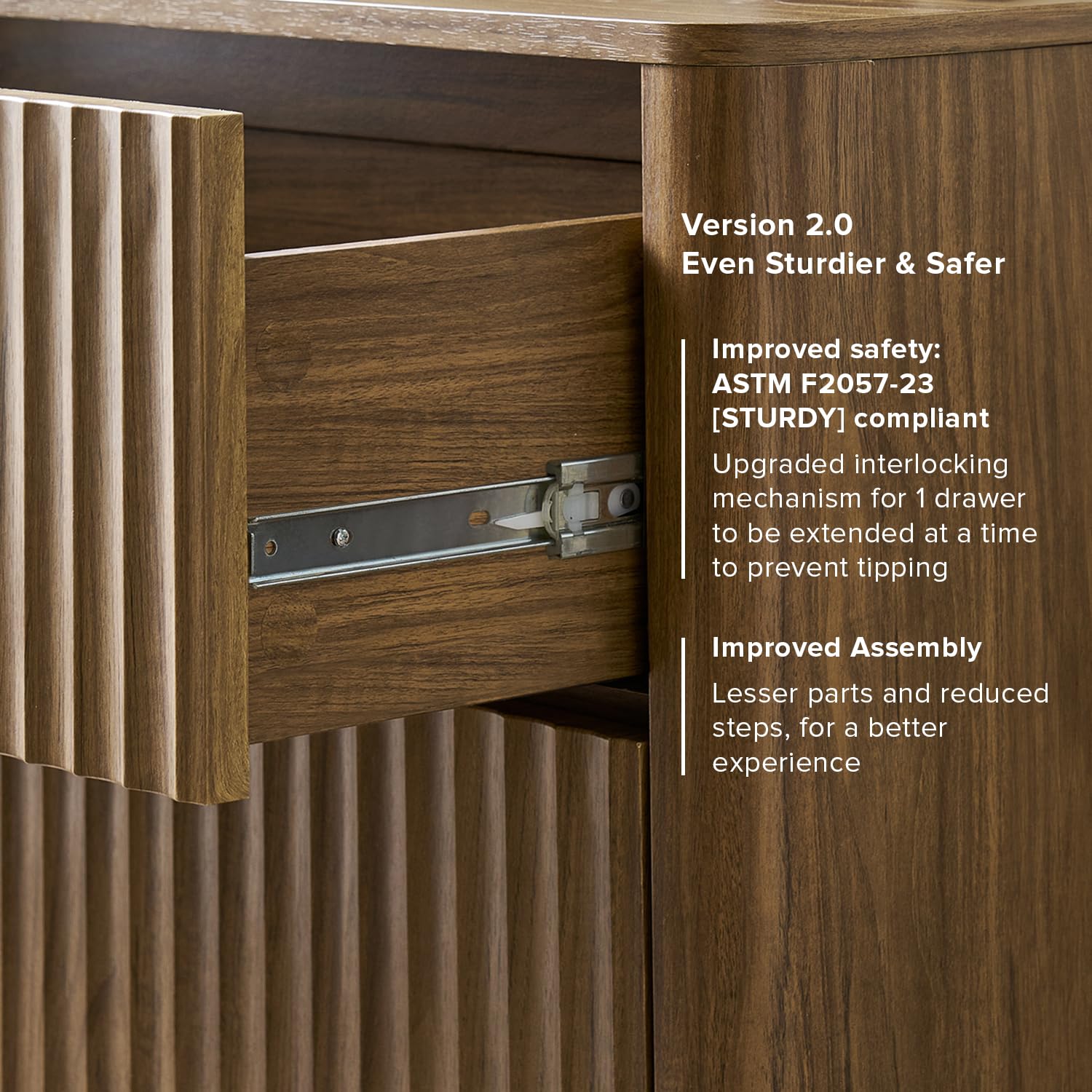 Mopio Brooklyn 3-Drawer Dresser - Mid Century Modern Wooden Chest of Drawers & Nightstand with Waveform Fluted Design, ASTM F2057-23 Safety Certified (Walnut) - Perfect for Bedroom Storage, Living Room Decor or Guest Room Furniture