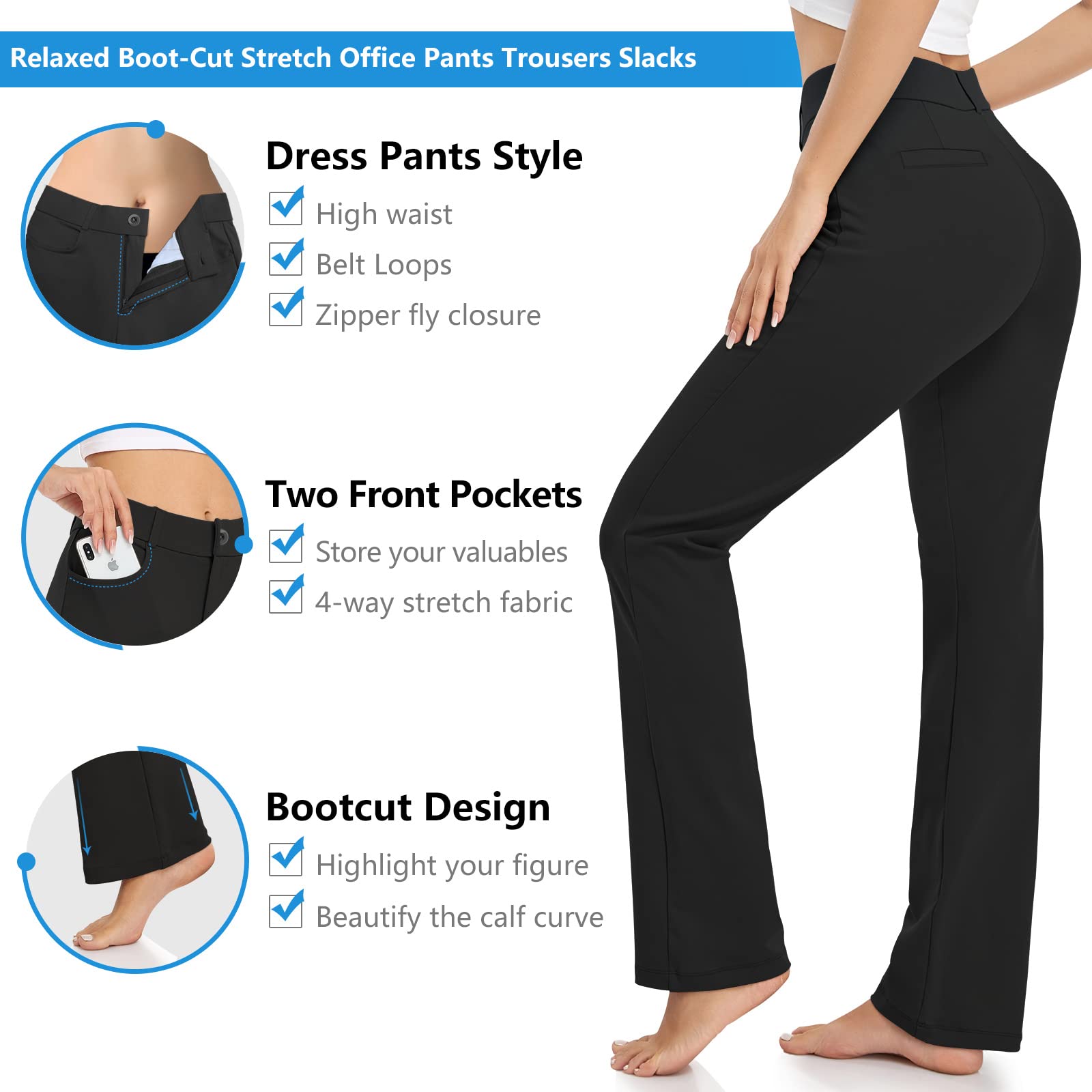 HISKYWIN Women's Stretchy Yoga Dress Pants - Straight Leg & Bootcut Office Slacks with Pockets for Business Casual, Petite Sizes - Perfect for Work, Yoga & Everyday Wear