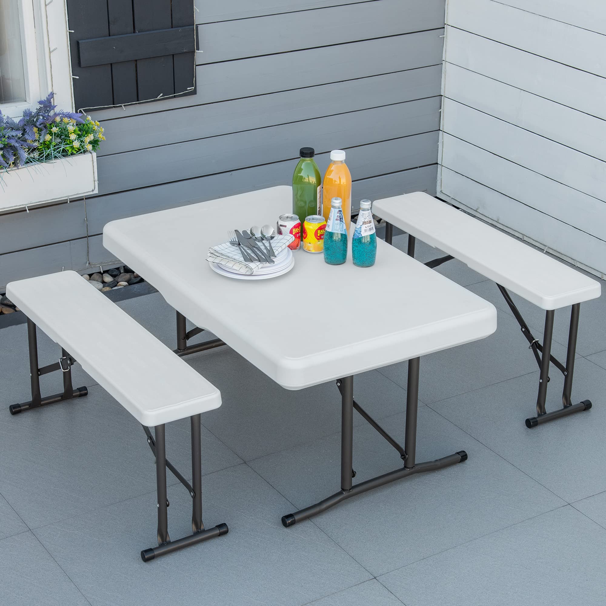 Outsunny 40 Inch Folding Picnic Table Set with 2 Benches - 3 Piece Outdoor Biergarten Style Foldable Beer Garden Table, Lightweight Durable Plastic, White - Perfect for Backyard BBQs, Patio Parties & Camping