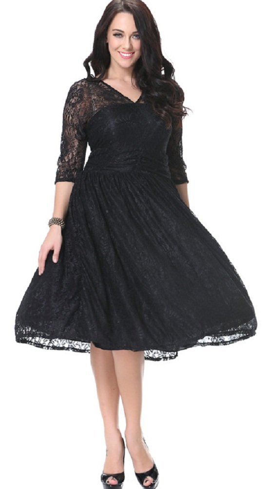 Trendy Plus Size Women's 3/4 Sleeve Lace Skater Dress - Elegant Party & Cocktail Attire for Special Occasions