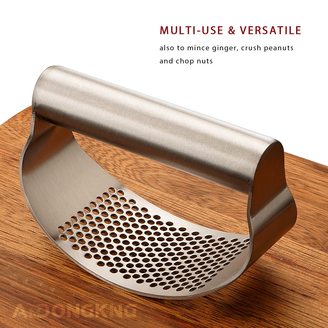 Premium Stainless Steel Garlic Press Rocker - Heavy Duty Garlic Crusher & Mincer with Built-in Bottle Opener - Ideal for Cooking, Meal Prep & Kitchen Essentials (Random Color)
