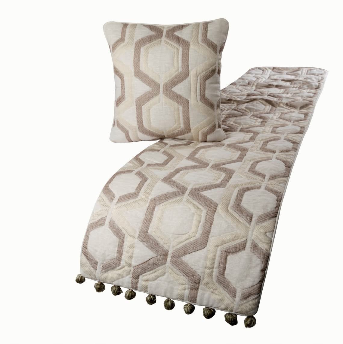 Luxury King Size 90x18 Inch Ivory Bed Runner - Quilted Linen Embroidery with Tassels, No Pillow Cover - Modern Contemporary Home Decor for Master Bedroom, Guest Room & Hotel Styling - Aurum Collection
