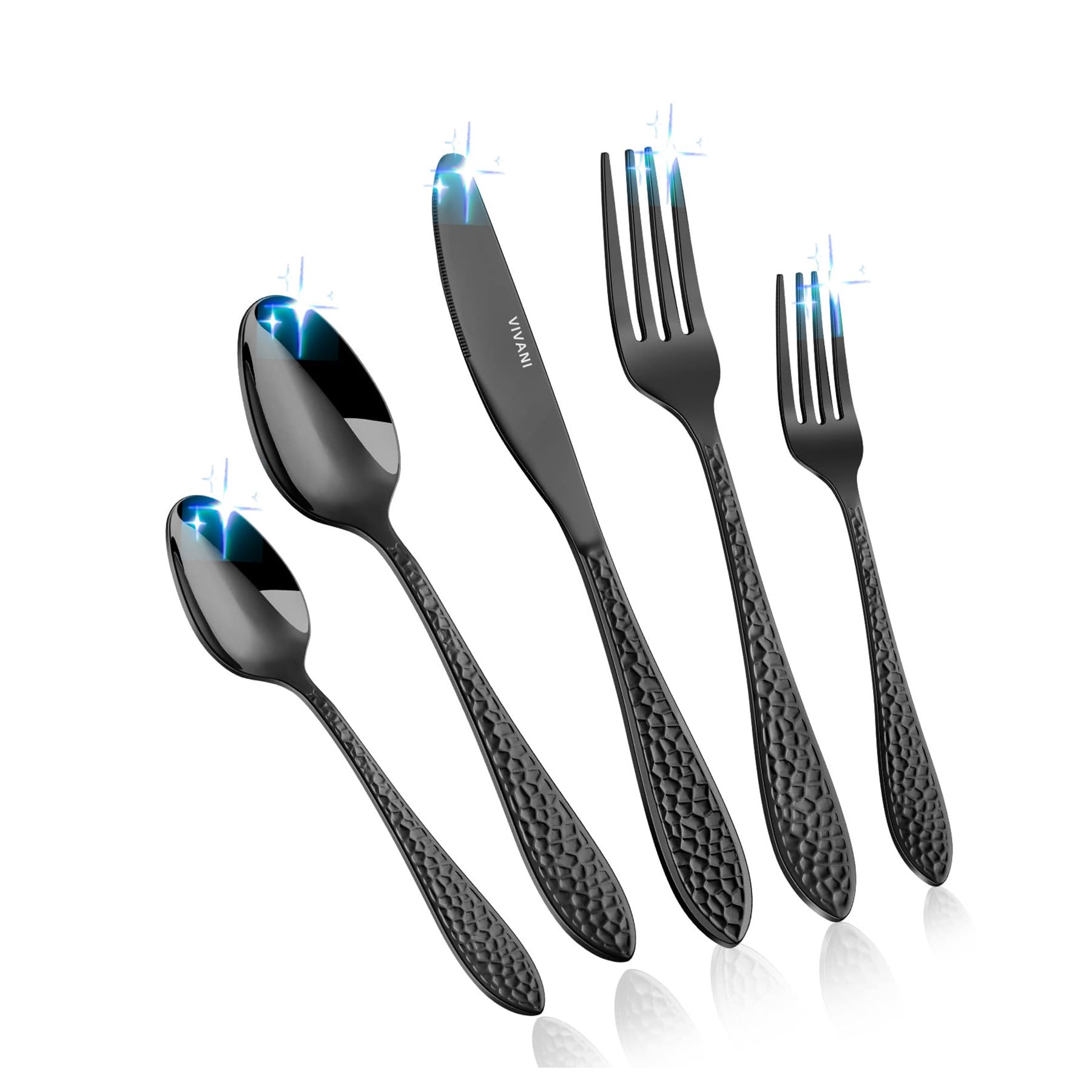 Arlox 40-Piece Black Silverware Set for 8 People - Premium Stainless Steel Flatware Set with Hammered Design & Mirror Polish - Dishwasher Safe Cutlery for Everyday Dining, Parties & Gifts