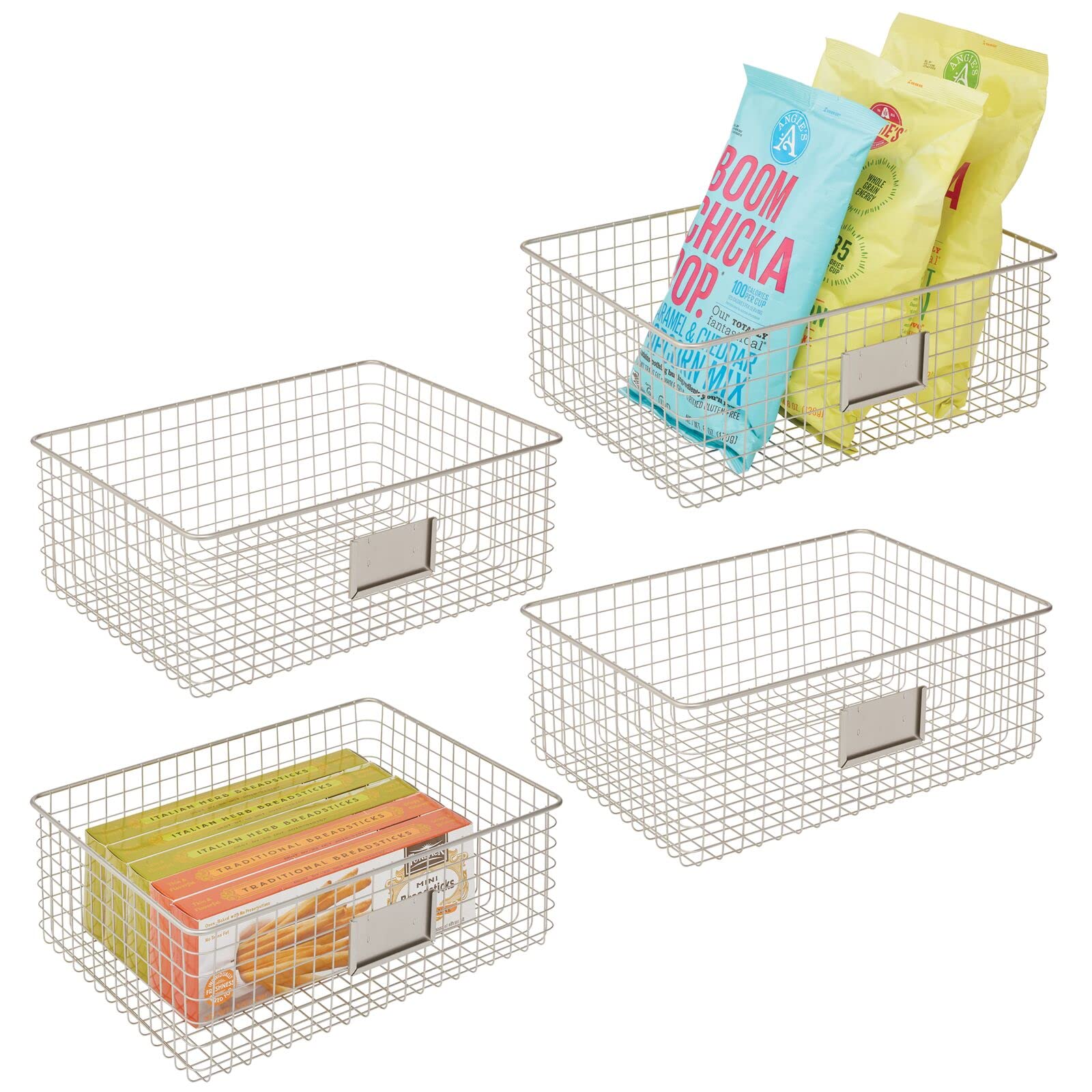 mDesign Wide Steel Wired Storage Organizer Bins with Label Slots - 4 Pack Satin Finish for Kitchen Pantry, Cabinet & Home Organization | Perfect for Food Storage, Snacks, Produce & Drinks | Omaha Collection | Ideal for Pantry Shelving, Refrigerator Organization & Closet Storage