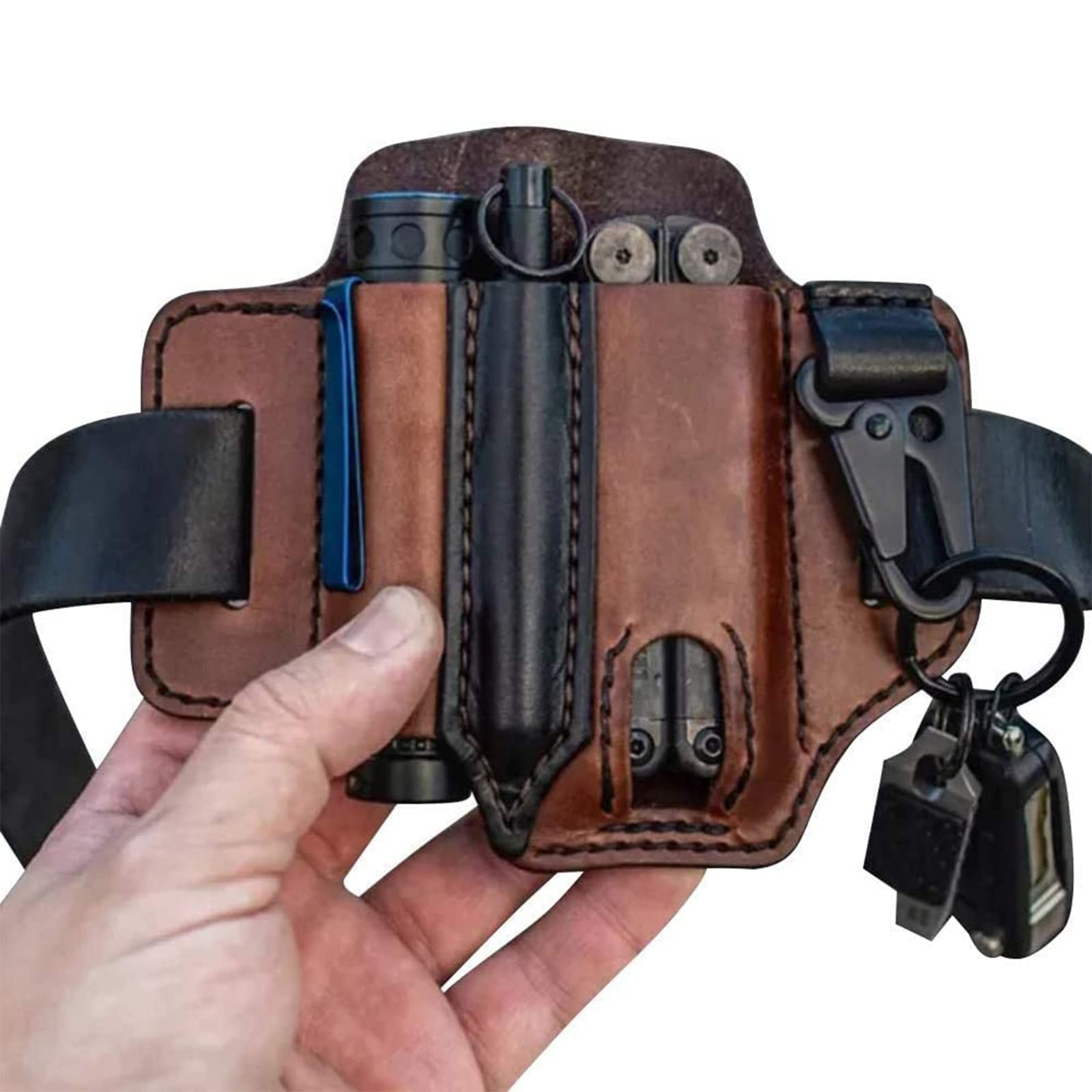 Premium Leather Multitool Sheath for Belt - EDC Pocket Organizer & Waist Storage Bag for Camping, Hiking, Outdoor Adventures - Compatible with Leatherman, Flashlight, Pen Holder & Key Fob - Durable Leather Pouch for Everyday Carry Essentials