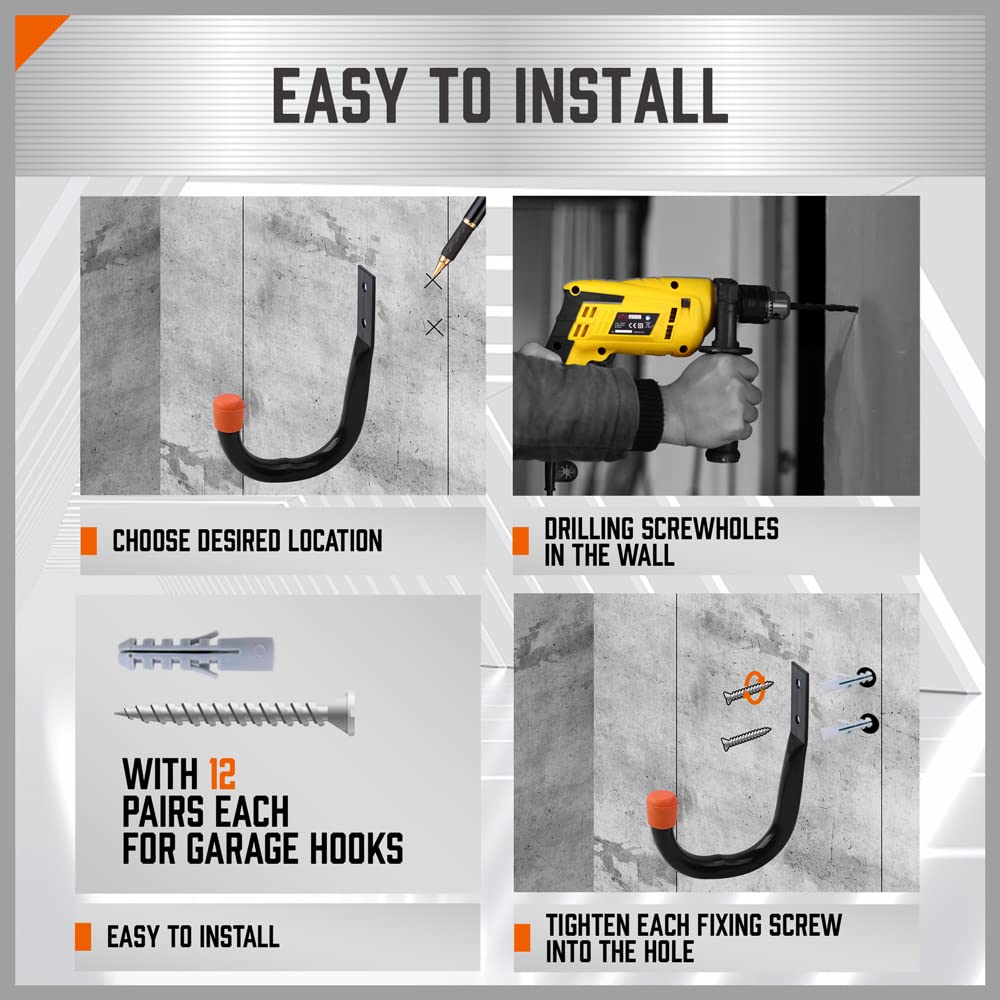 HORUSDY 6 Pack Heavy Duty Garage Hooks - Utility Wall Hooks for Storage, Organization - Perfect for Garage, Basement, Shed, Workshop (Black)
