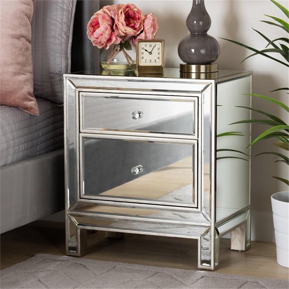 Baxton Studio Fadri Contemporary Glam Mirrored Nightstand with 2 Drawers - Luxury Bedroom Furniture for Modern Home Decor
