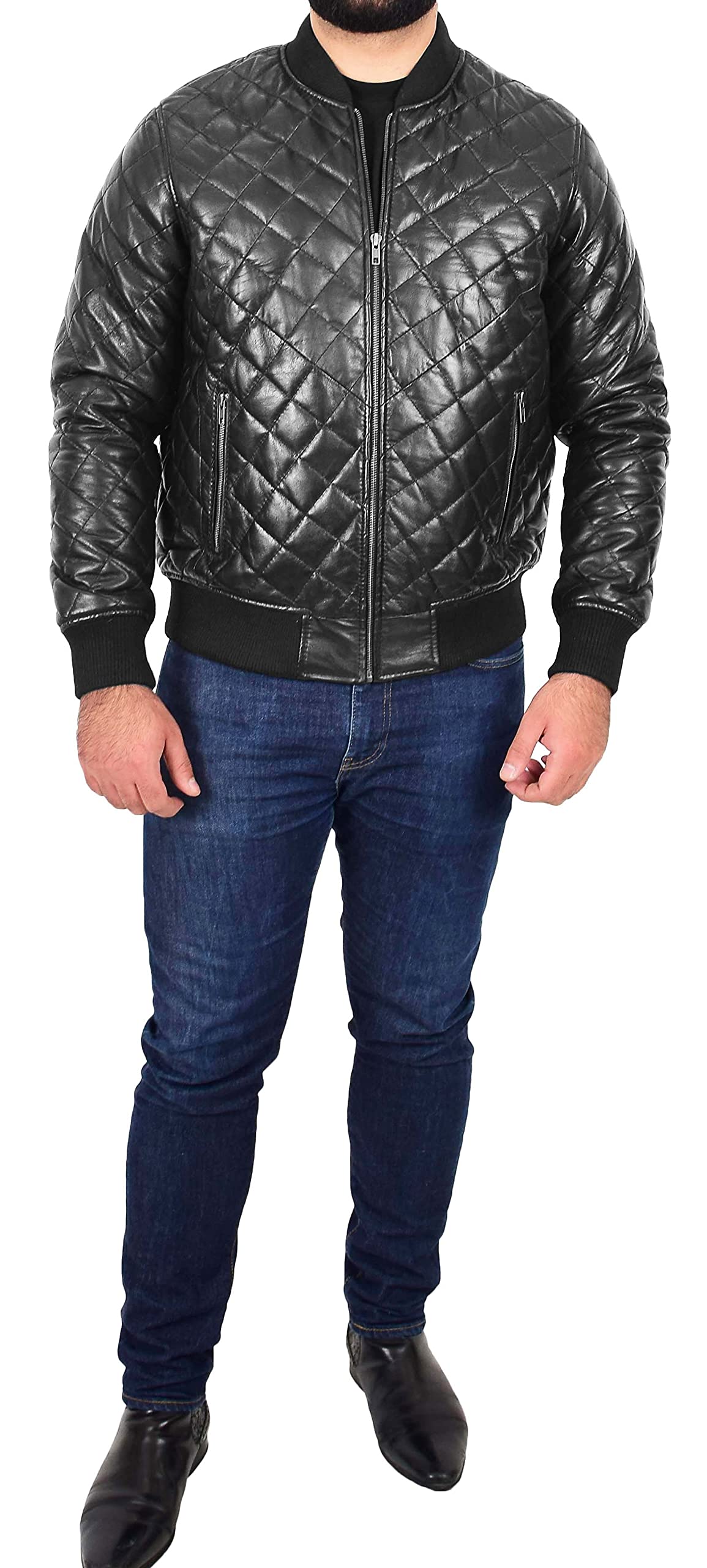 Men's Black Bomber Leather Jacket - Soft Quilted Padded Fitted Varsity Style - Perfect for Casual Wear, Motorcycle Riding & Night Out