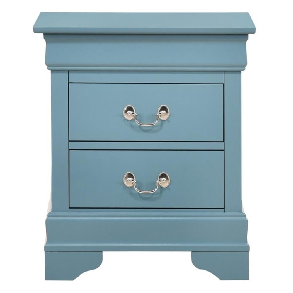 Glory Furniture Louis Phillipe 2-Drawer Nightstand in Teal Blue - Modern Bedside Table for Bedroom Decor & Storage