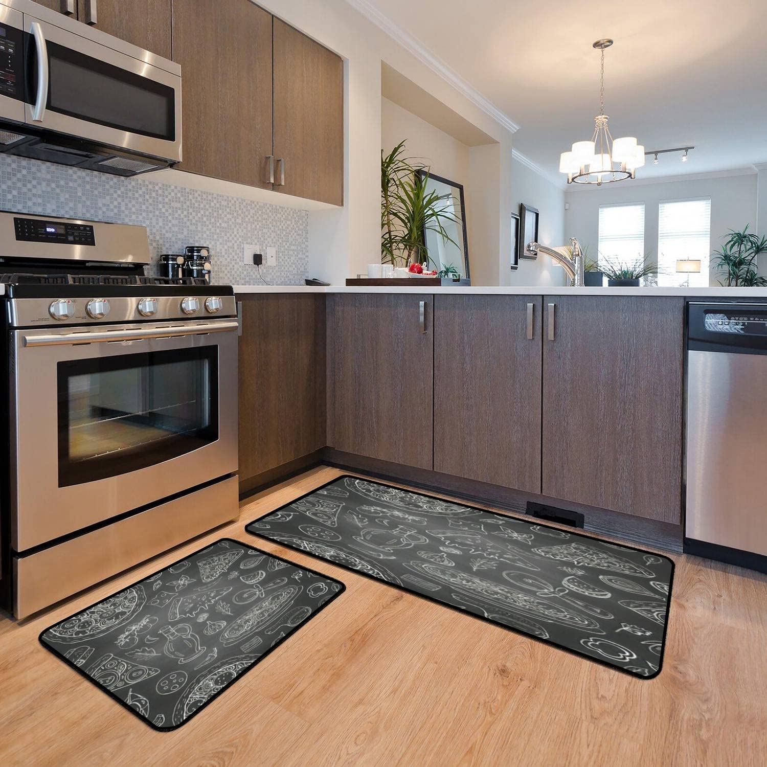 Italian Food Themed Non-Slip Kitchen Rugs Set - Washable Seamless Floor Mats with Pizza, Olive Oil & Vegetables Design - Anti-Fatigue Standing Mats for Kitchen, Bathroom & Entryway Decor