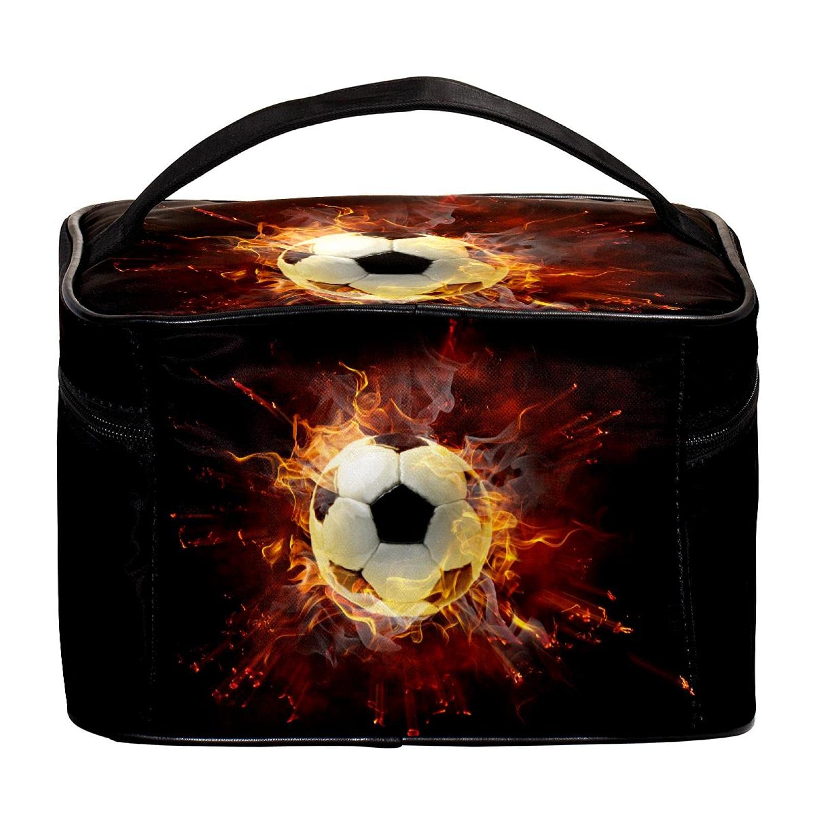 Waterproof Large Fire Burning Football Soccer Travel Makeup Bag - Cosmetic Case Organizer with Zipper for Women & Girls - Perfect for Gym, Travel, Sports & Daily Use