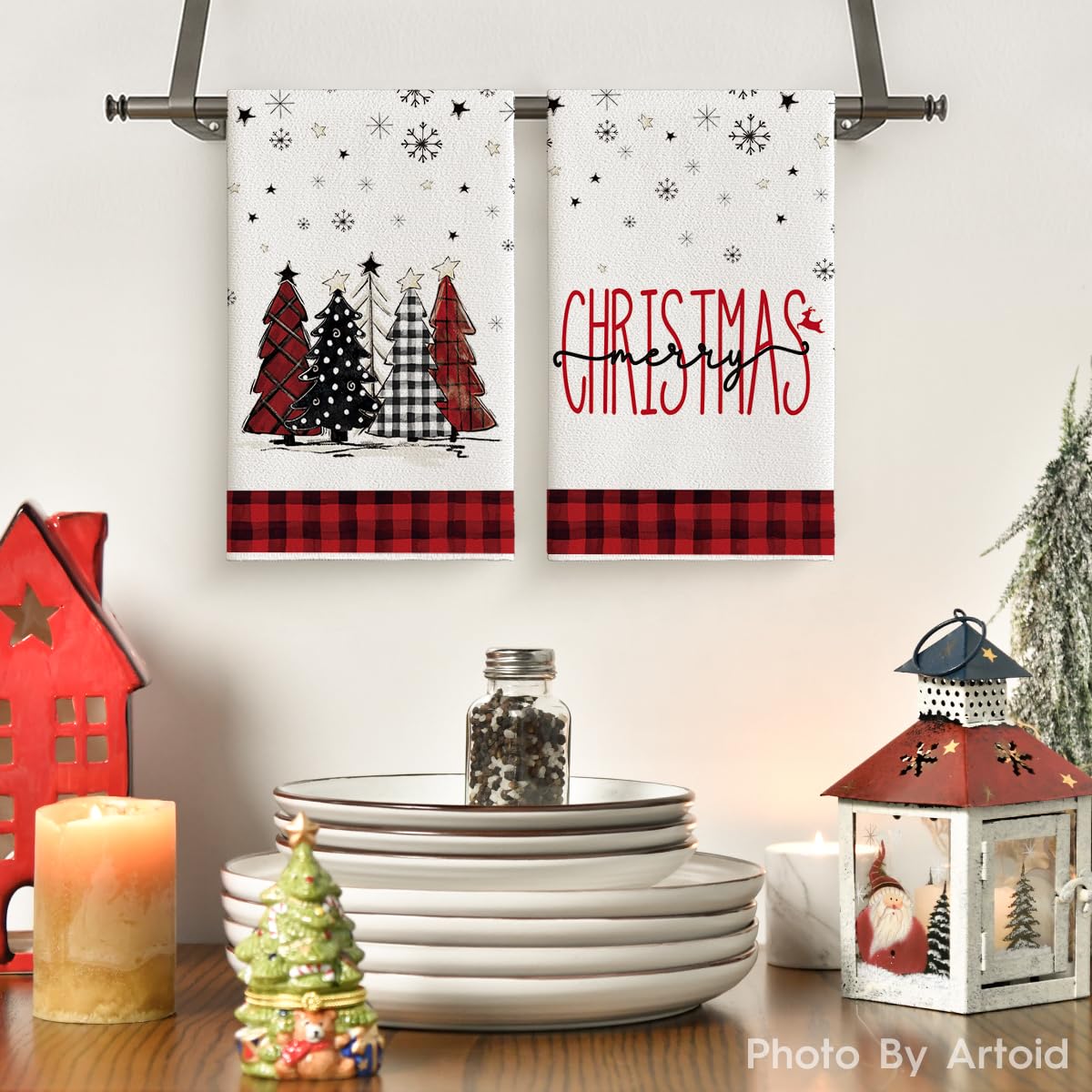 Artoid Mode Red Black Buffalo Plaid Snowman Christmas Kitchen Dish Towels - Set of 4 (18x26 Inch) - Holiday Winter Decor, Xmas Tree Decoration & Seasonal Hand Towels for Home, Kitchen, and Festive Parties