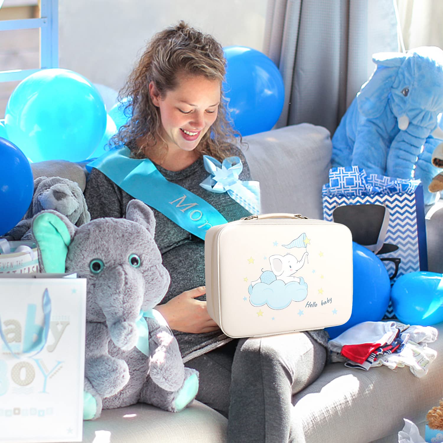 Baby Shower Gift Set for Boys - Newborn Essentials with Elephant Lovey Security Blanket, Wooden Rattle Toy, Funny Bibs & Socks, Greeting Card | Perfect Baby Registry Gifts & Welcome Home Present