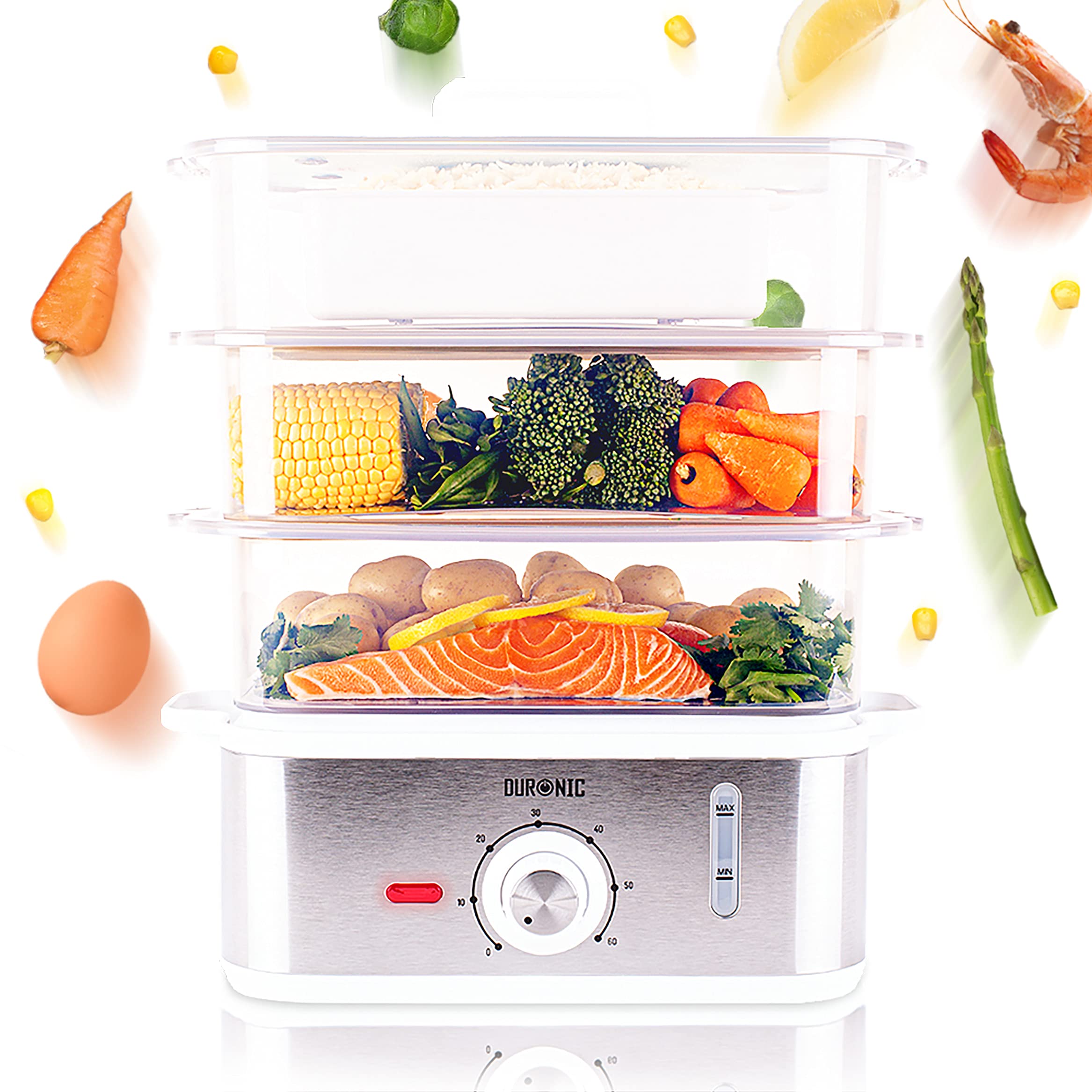 Duronic FS87 3-Tier Electric Food Steamer | 870W BPA-Free Rice & Vegetable Steamer with Timer | Perfect for Healthy Meals, Dumplings & Meal Prep