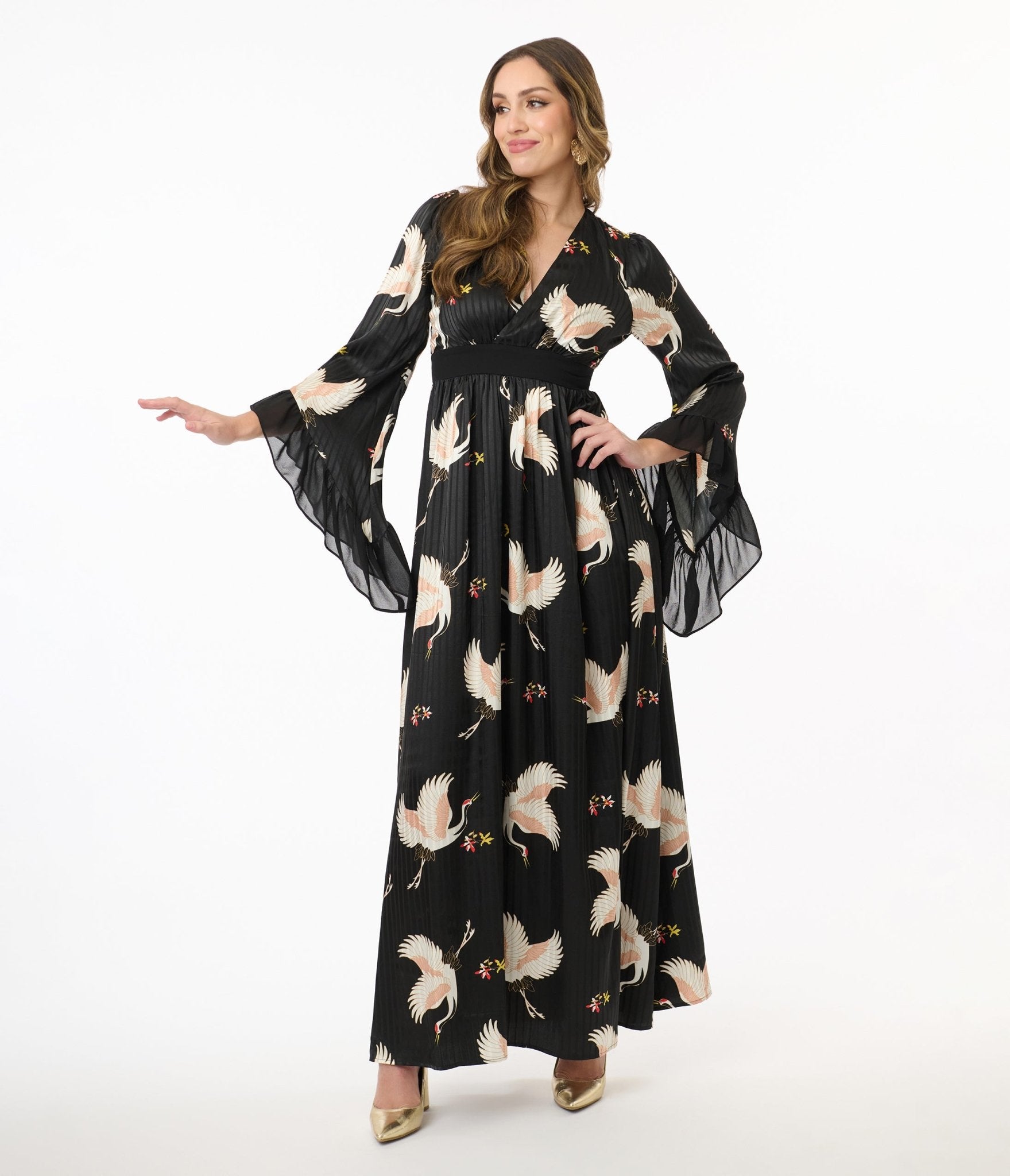 Vintage 1970s Black Crane Print Maxi Dress - Retro Floral Long Dress for Women, Perfect for Boho Parties, Summer Vacations & Special Occasions
