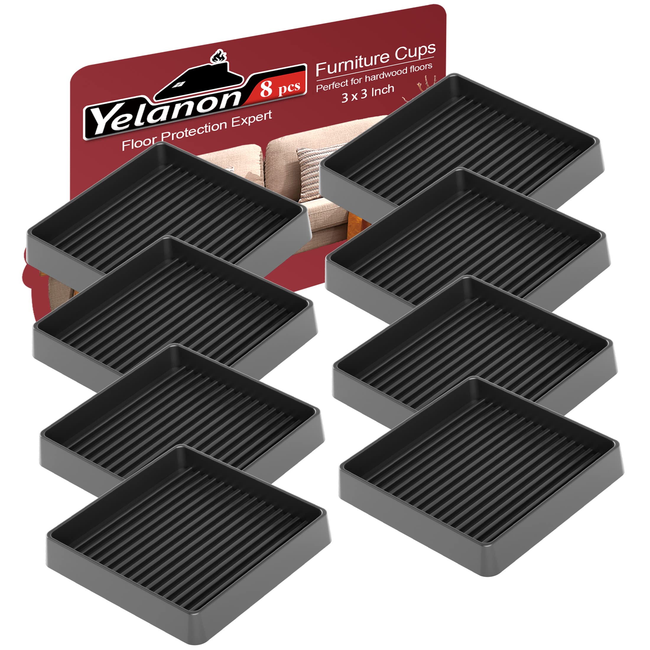 Yelanon 8-Piece 3-Inch Non-Slip Furniture Coasters - Hardwood Floor Protectors, Anti-Skid Rubber Grippers for Beds, Couches & Heavy Furniture - Perfect for Home, Office & Moving Protection