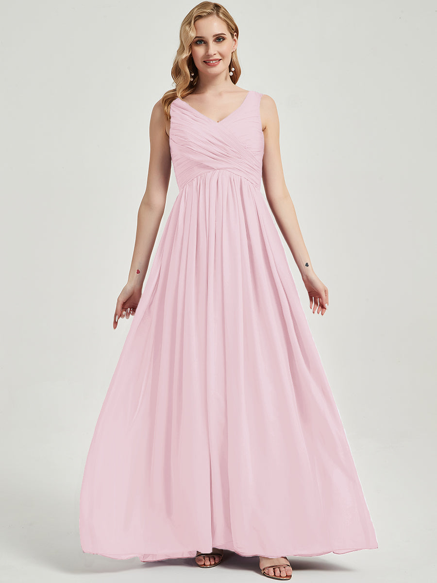 Elegant Blush Pleated Sleeveless Floor-Length Chiffon Bridesmaid Dress for Weddings & Formal Events - Empire Waist Design for Flattering Fit