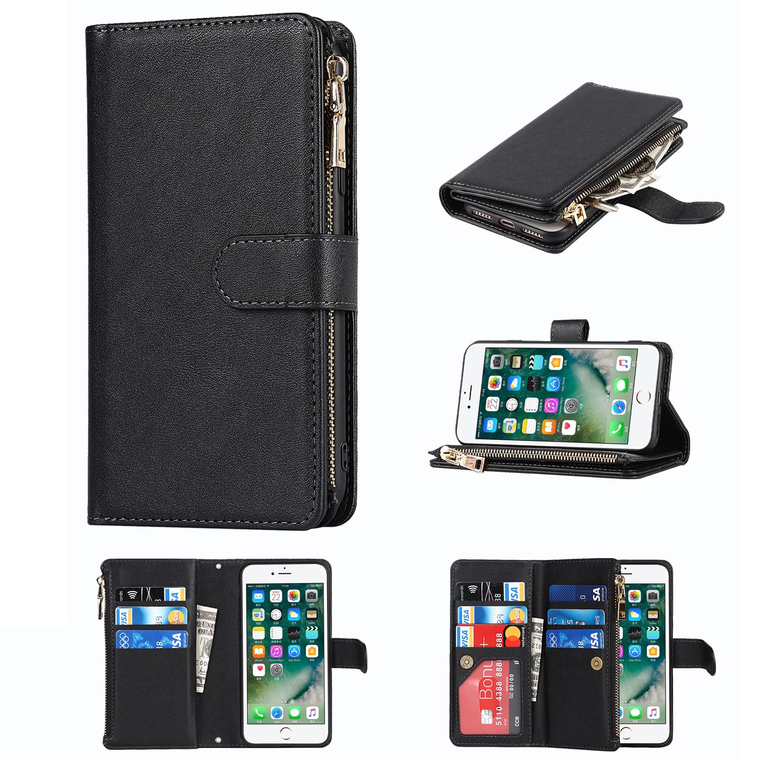 Premium Leather Magnetic Wallet Case for iPhone 6 Plus/6s Plus - Slim Protective Cover with Card Holder & Strap Stand (Black) | Perfect for Work, Travel & Everyday Use - Ideal Gift for Men & Women