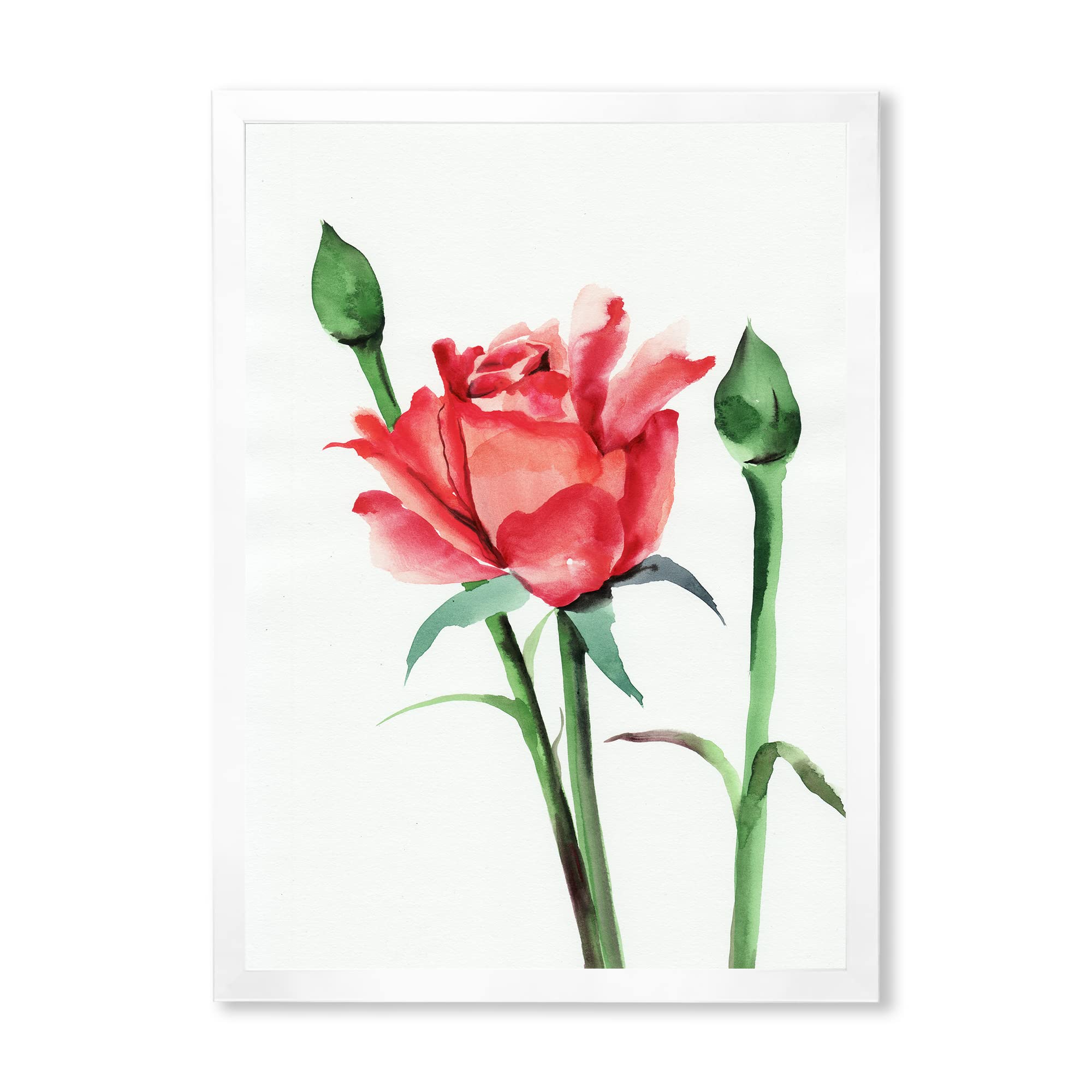 DesignQ Red Rose With Buds Traditional Framed Wall Art - Elegant Home Decor for Living Room, Bedroom & Office | Vintage Floral Painting for Housewarming Gift & Interior Design