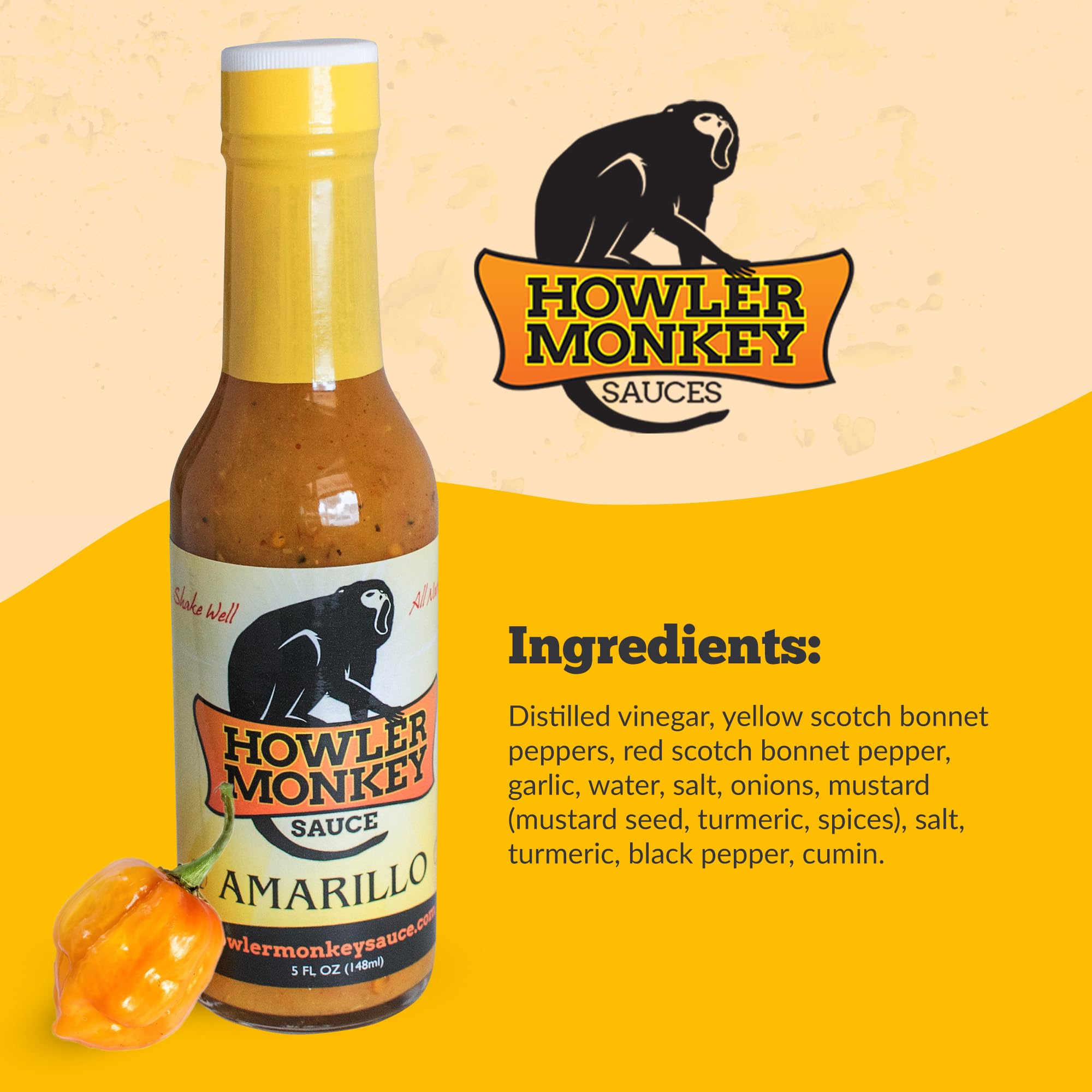 Howler Monkey Sauce Amarillo - Authentic Panama Hot Sauce - Gluten-Free, Keto-Friendly, Low Sodium, No Thickeners or Preservatives - 5oz Bottle - Perfect for Tacos, Wings & Grilling