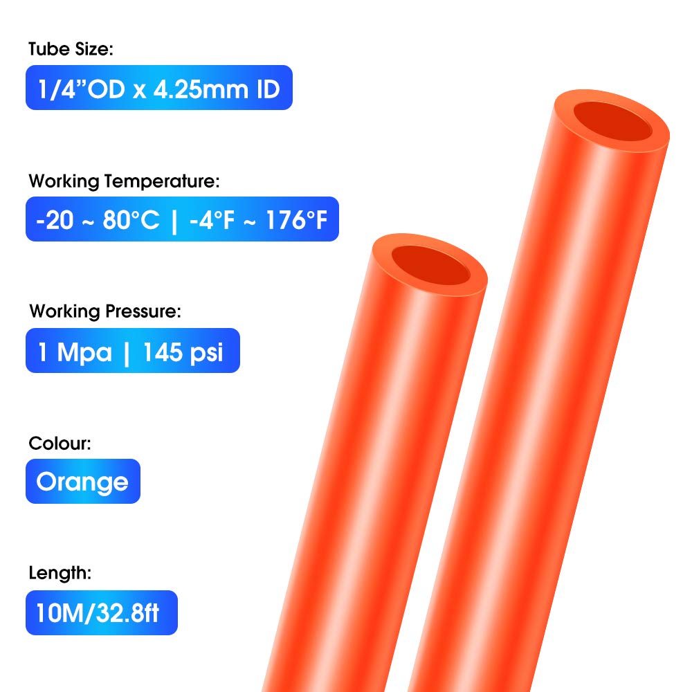 TAILONZ 1/4 Inch OD 10 Meters PU Air Hose - High Pressure Pneumatic Tubing for Air Compressor, Paint Sprayer, Fluid Transfer | Durable Orange PU Tube for Industrial, Automotive & DIY Projects