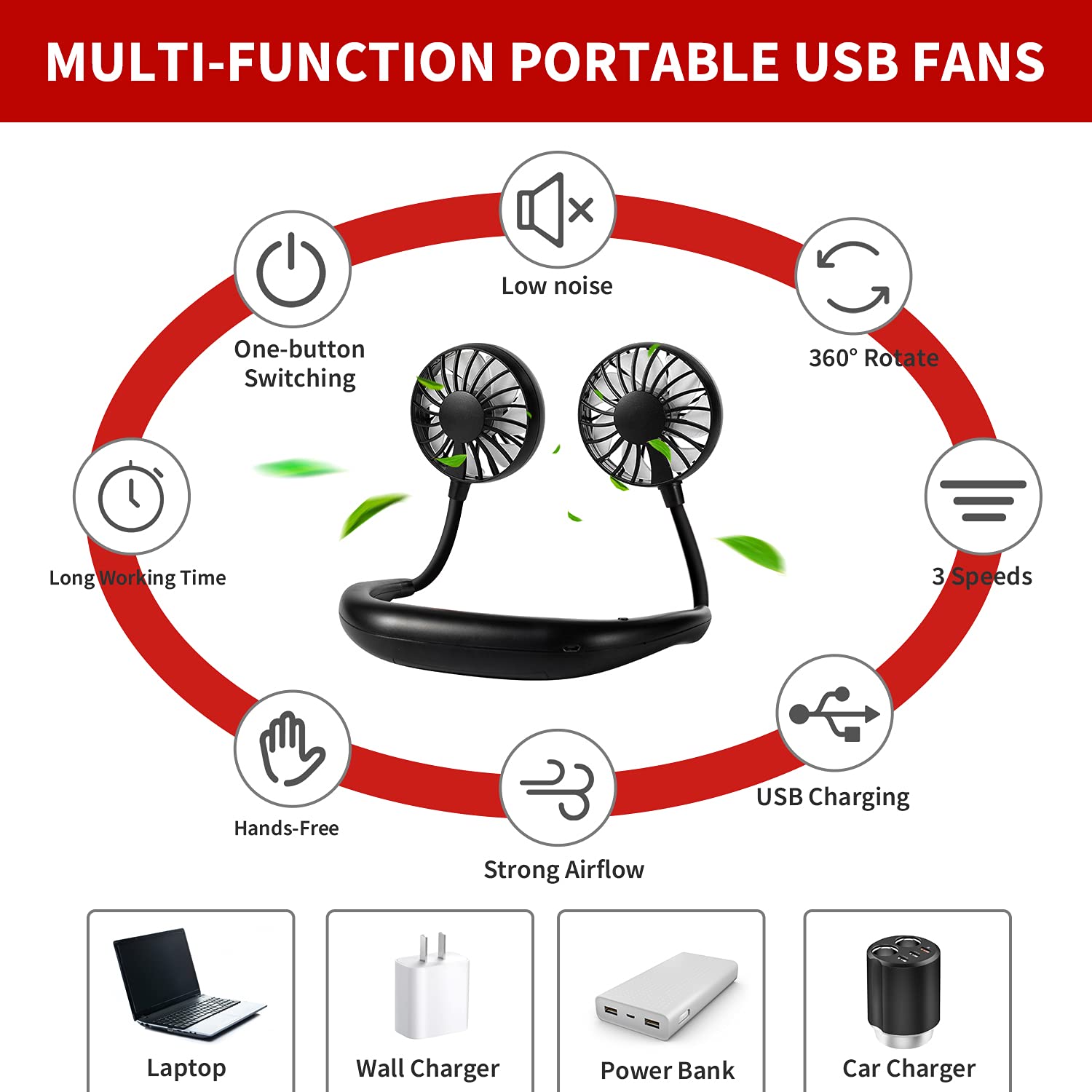 Portable Neck Fan Rechargeable - Hands-Free Personal Cooling Fan with USB Charging, 3 Speed Adjustable & 360° Rotation - Wearable Neckband Fan for Sports, Office, Travel, Reading & Outdoor Activities (Black)