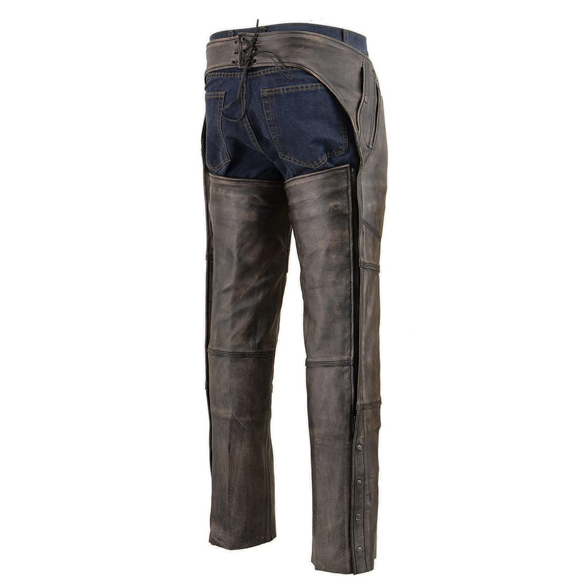 Milwaukee MLM5500 Men's Distressed Brown Leather Motorcycle Chaps - Thermal Lined, 4 Snap Pockets, Cold Weather Riding Gear for Harley, Cruiser & Adventure Bikes