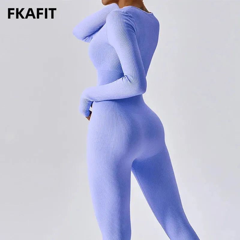 Women's Ribbed Long Sleeve Yoga Jumpsuit - Square Neck Workout Romper Bodysuit for Gym, Pilates & Home Exercise | Comfortable Sportswear for Women's Fitness & Active Lifestyle