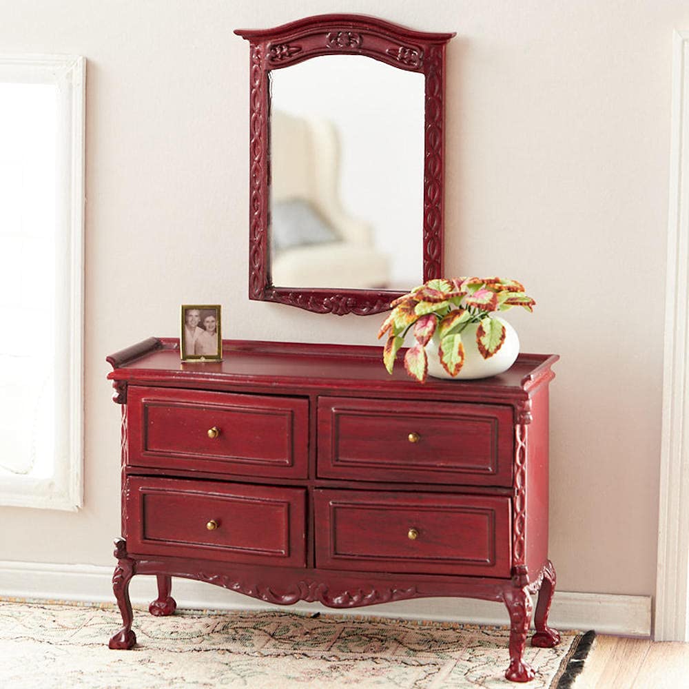 Miniature Mahogany Dresser with Mirror Set - Handcrafted Dollhouse Furniture for DIY Home Decor & Collectibles